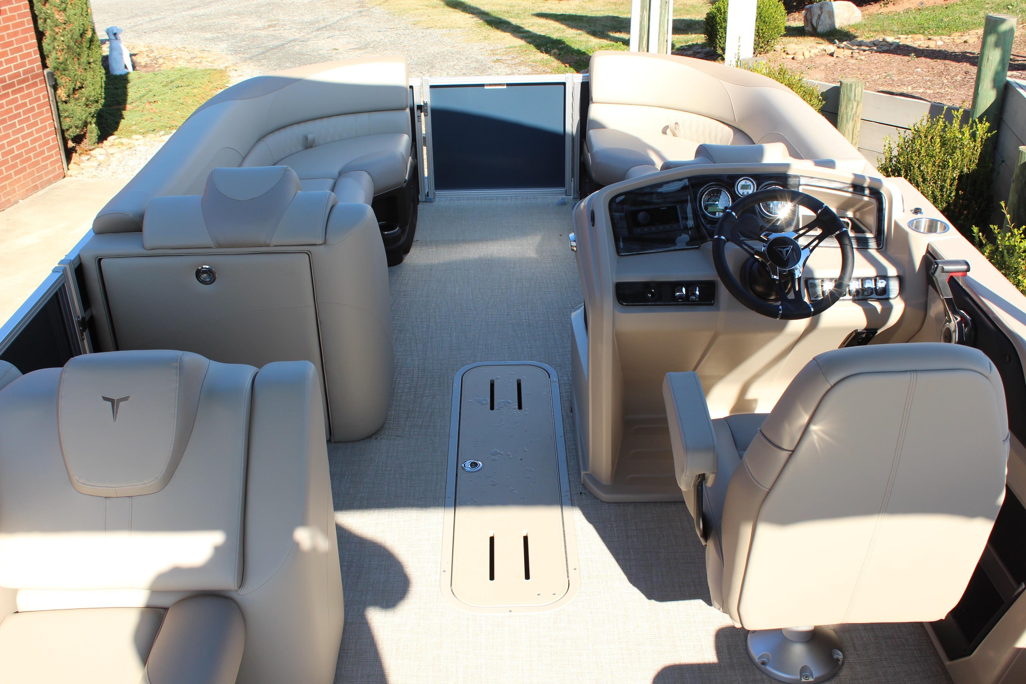 2026 Tahoe Pontoon LTZ Elite interior with luxurious seating and modern dashboard.