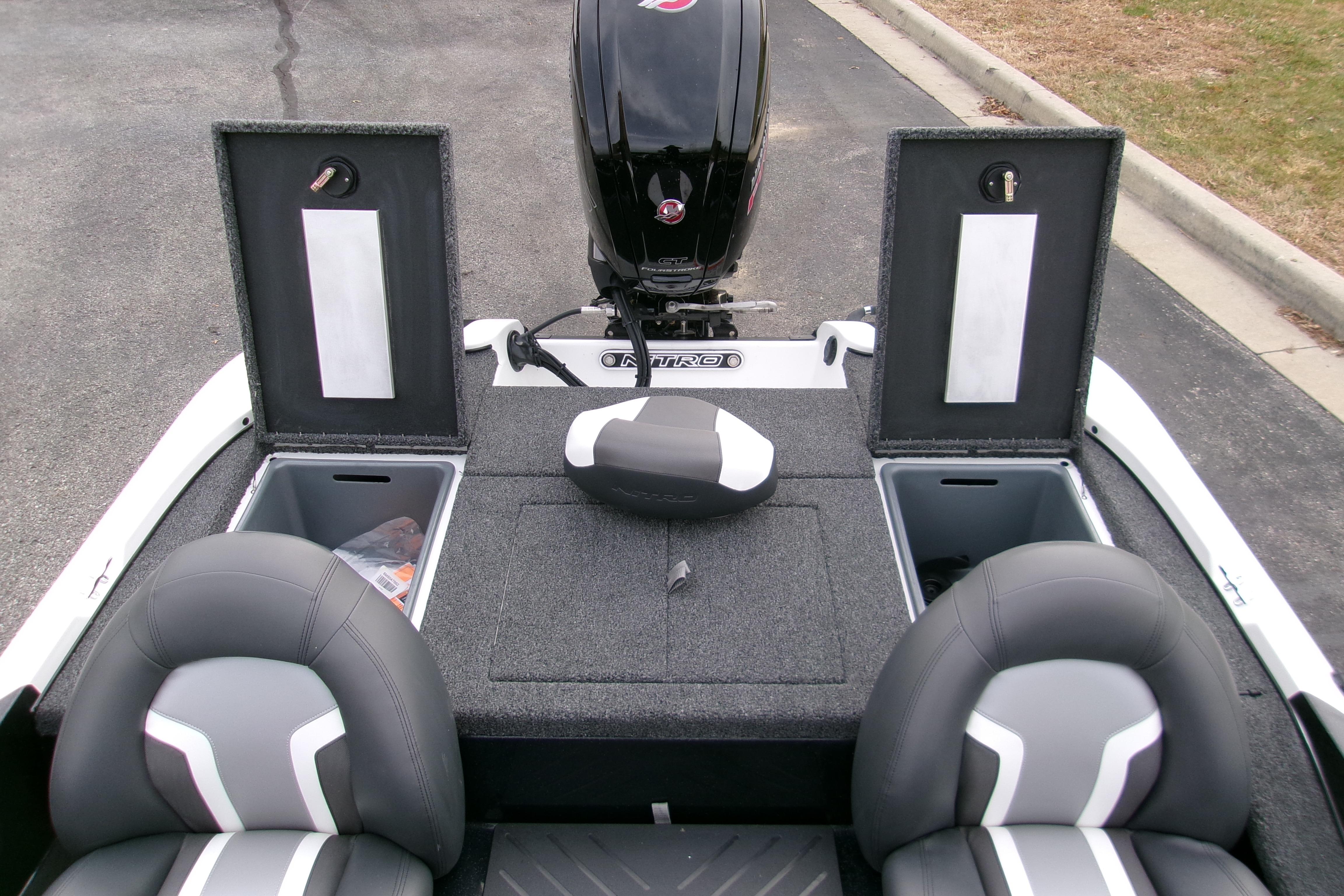 2026 Nitro Z17 boat interior with storage compartments and seating.