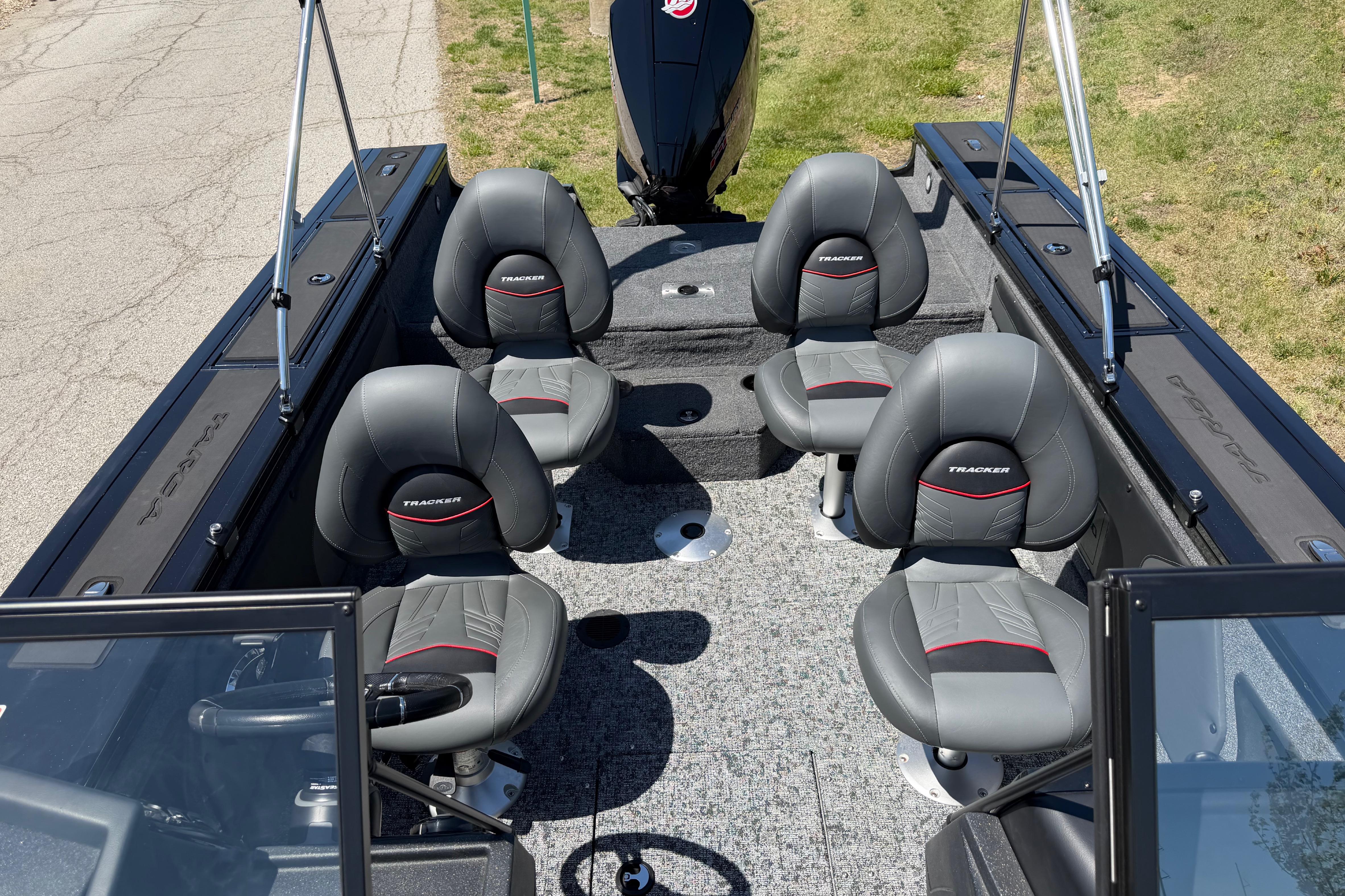 2026 Tracker Targa V-19 WT boat interior with four cushioned seats and modern design.
