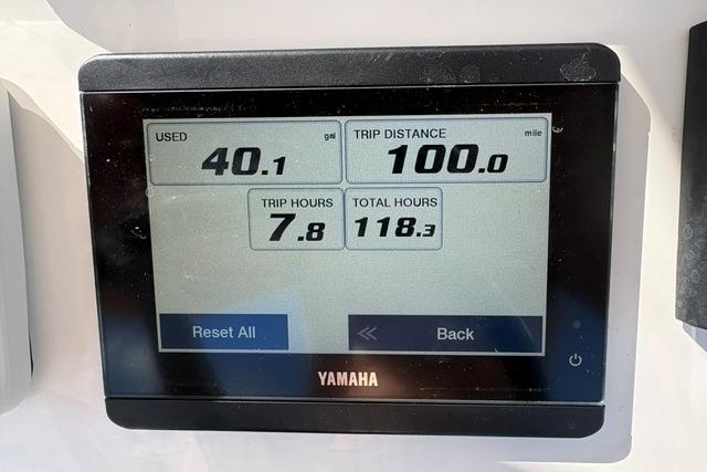 Yamaha display showing fuel usage and trip data for Regulator 24XO, 2024 model.