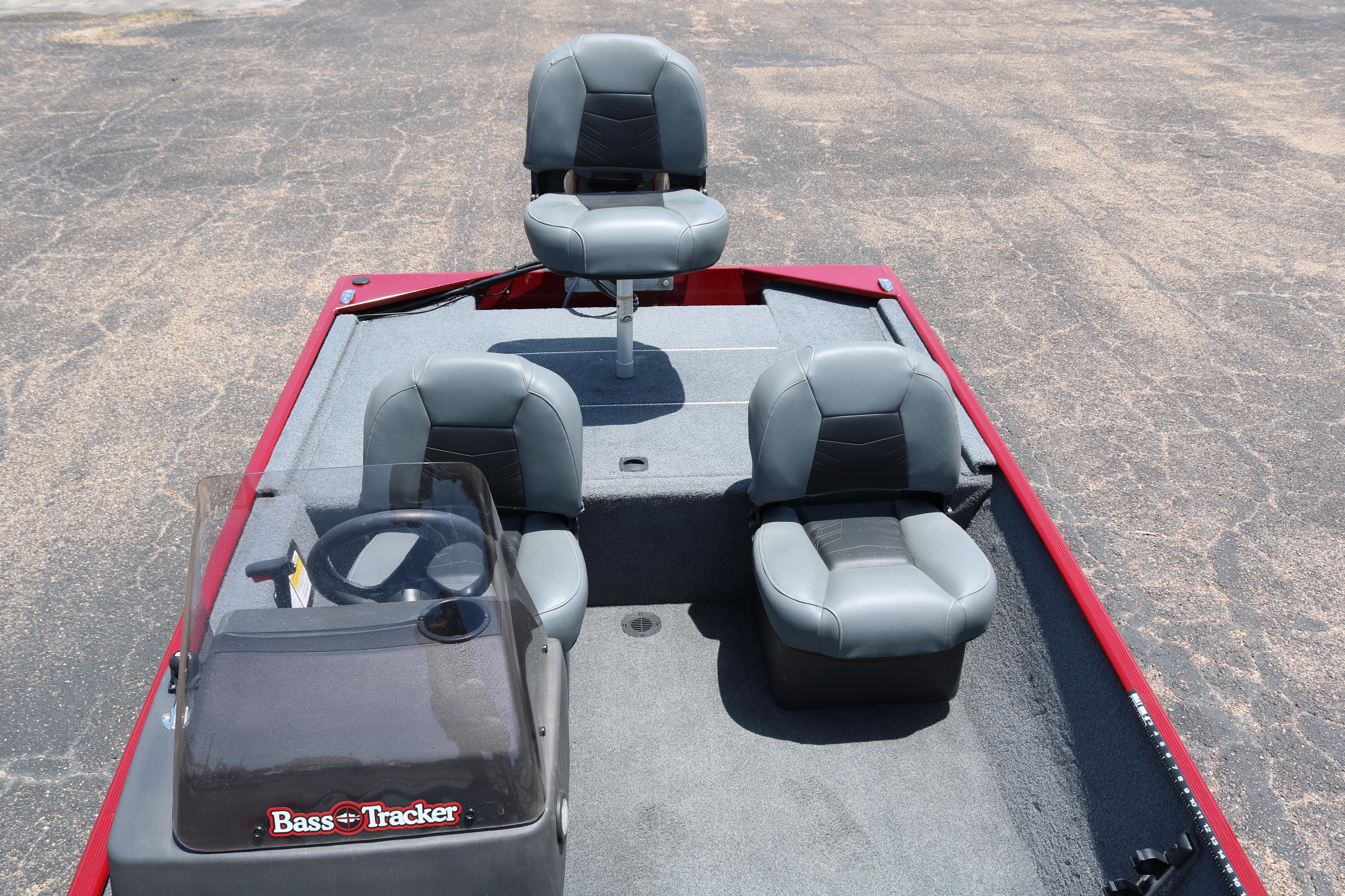 2021 Tracker Bass Tracker Classic XL boat interior with three gray seats.