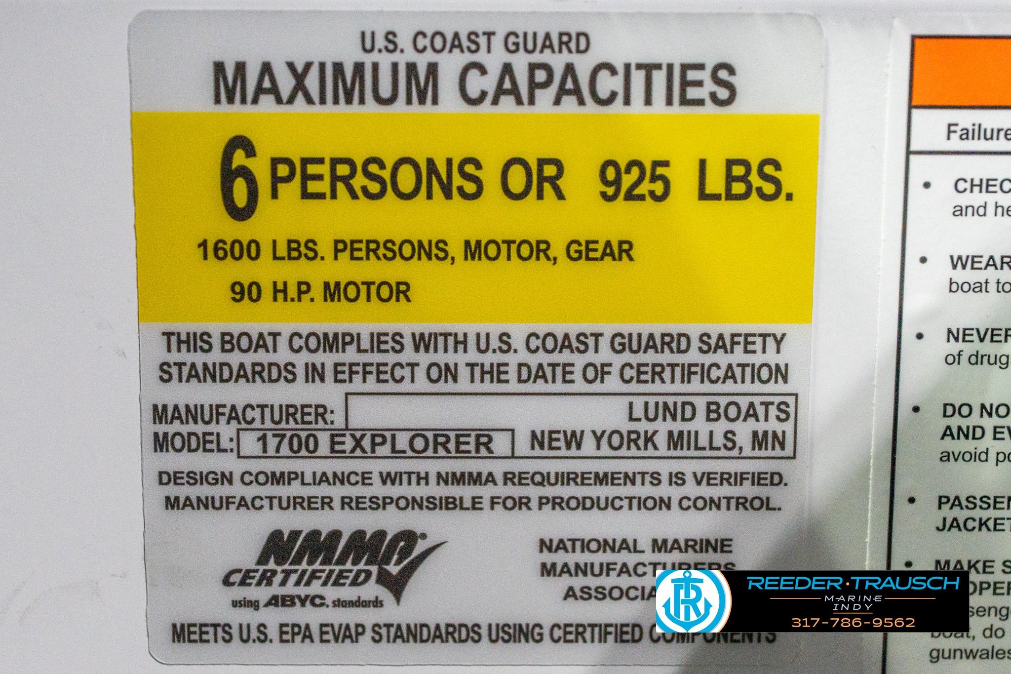 2026 Lund 1700 Explorer Sport capacity label: 6 persons, 925 lbs, 90 HP motor.