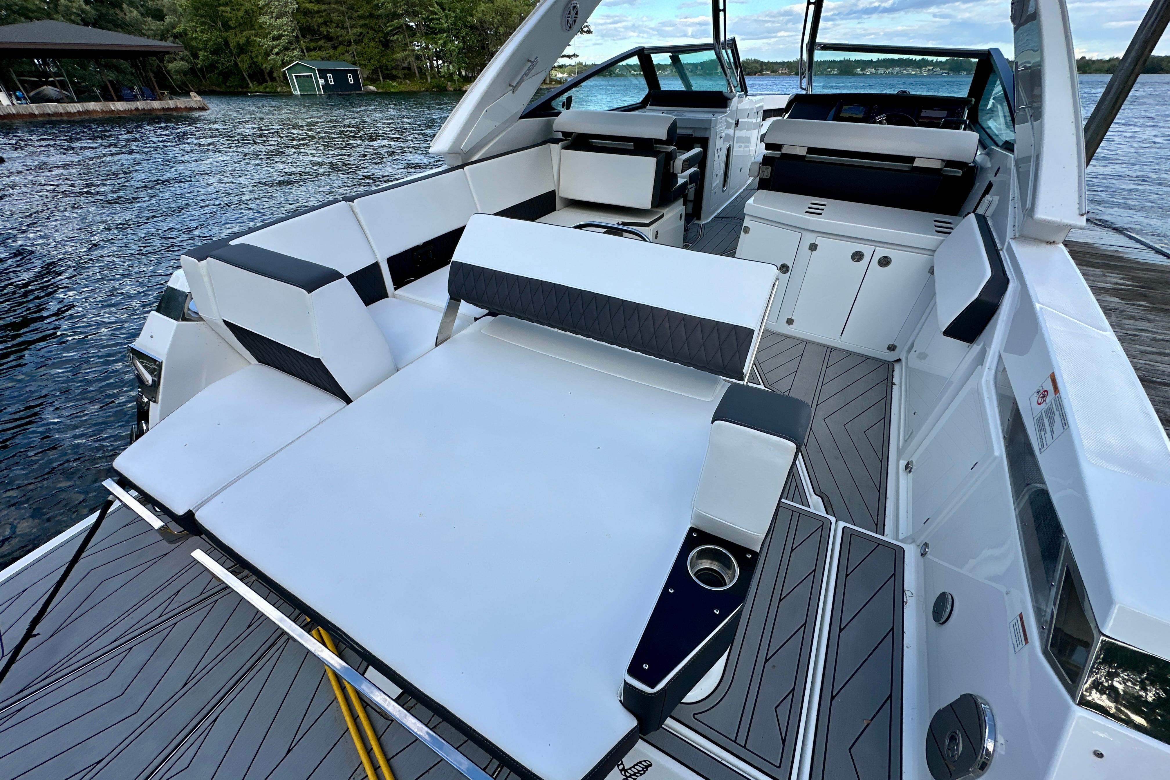 2022 Monterey 378SS Super Sport boat interior with spacious seating and modern design.