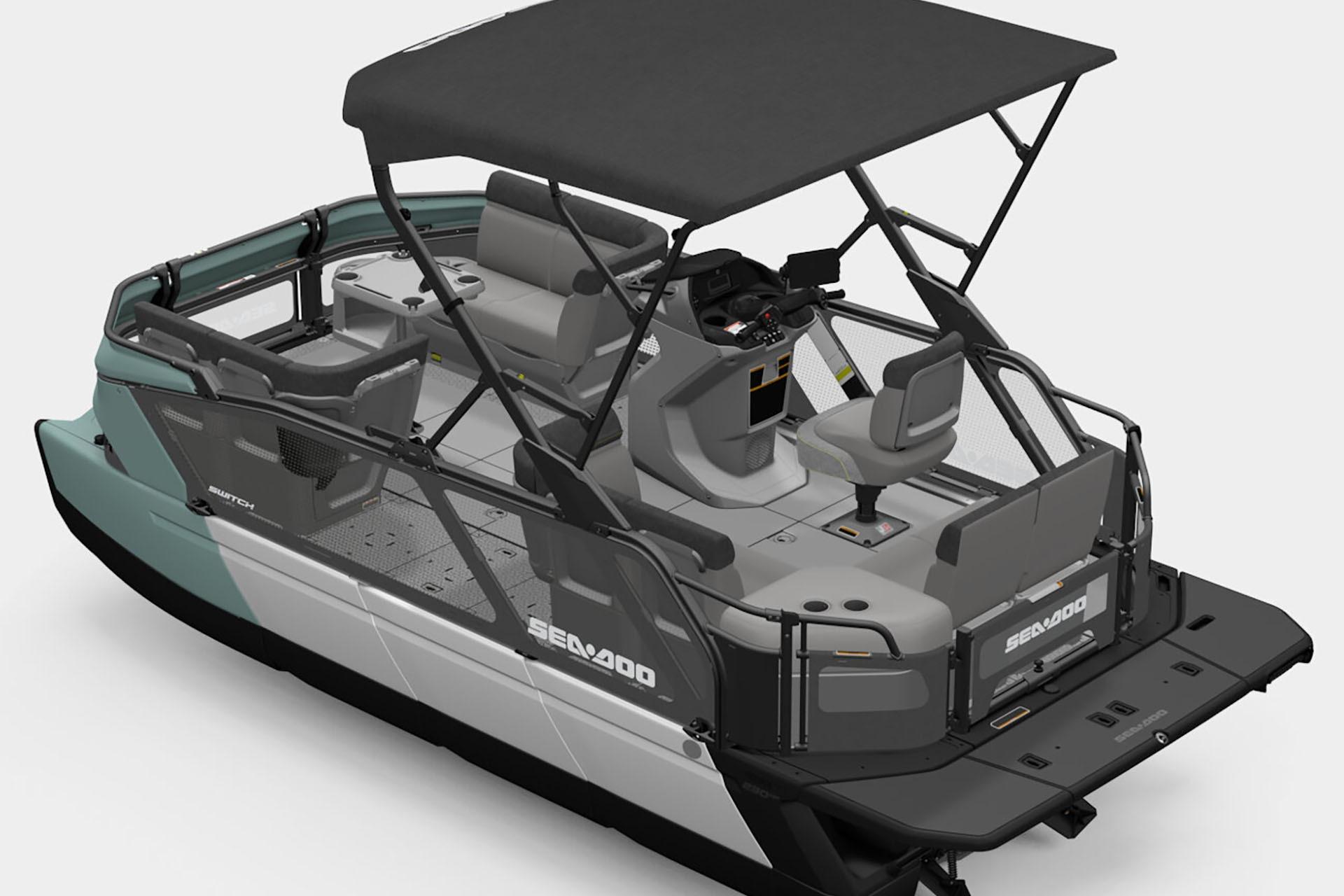 2026 Sea-Doo Switch Cruise 18 pontoon boat with canopy and seating arrangement.