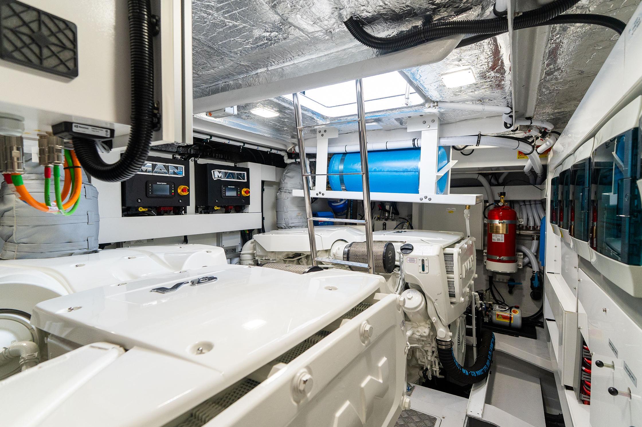 Engine room of 2026 Sunseeker Manhattan 68 yacht, featuring advanced machinery and equipment.