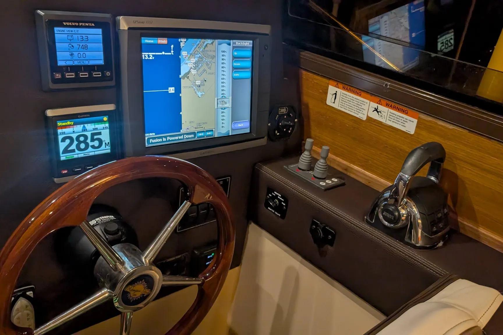2015 Ranger Tugs R-29 S helm with navigation screens and controls.