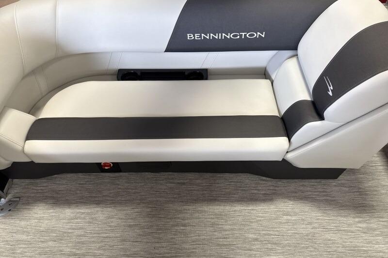 2026 Bennington 22 SSRSF boat seating, featuring sleek gray and white upholstery.