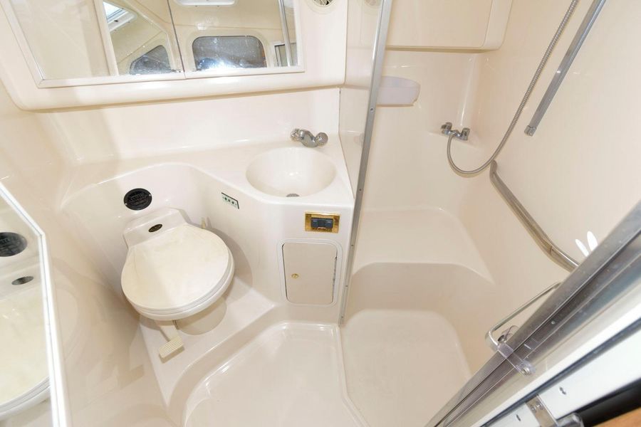 Interior of Sea Ray Sundancer 370 yacht, bathroom view, year 1998.