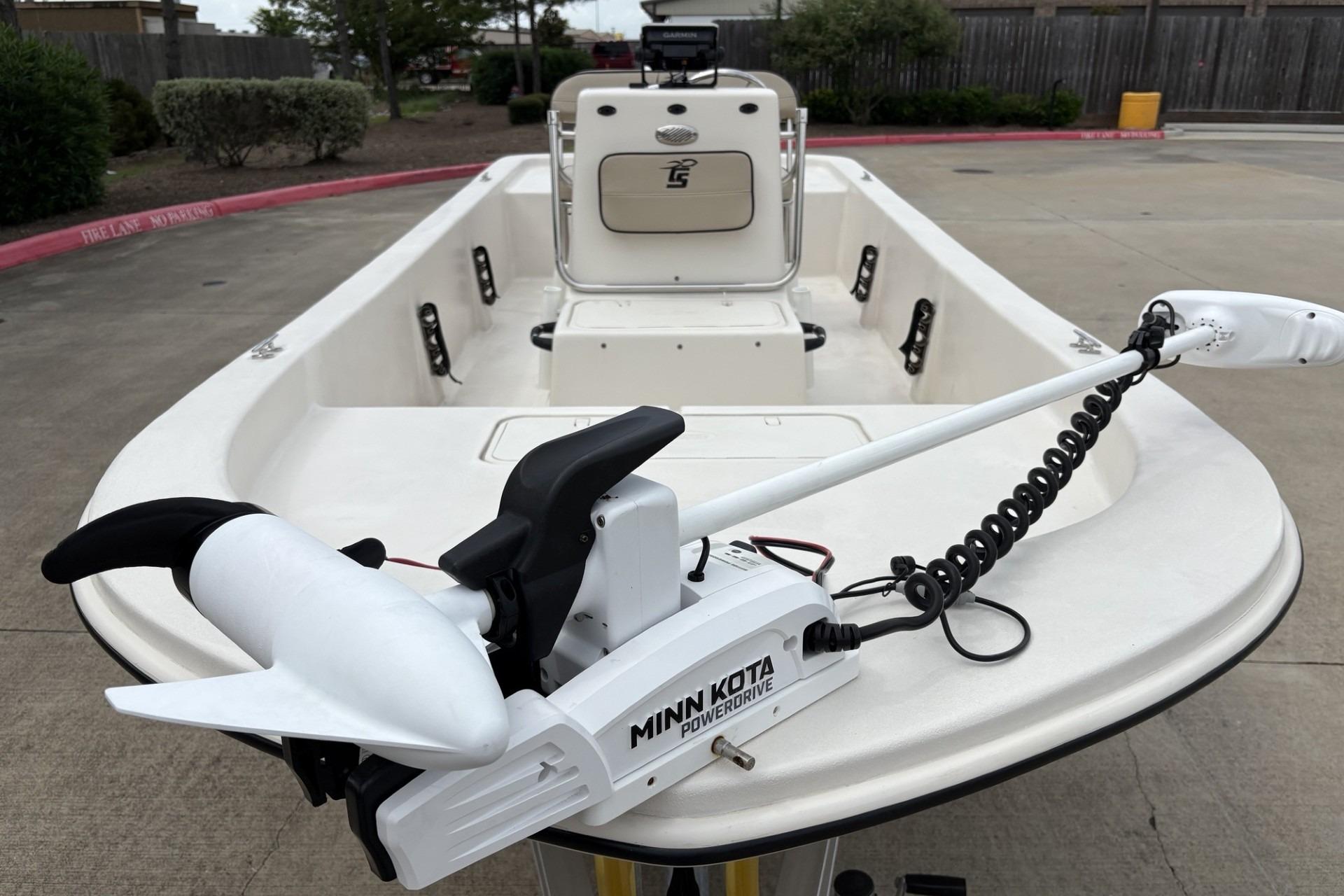 2024 Carolina Skiff E18 JVX CC boat with Minn Kota PowerDrive trolling motor.