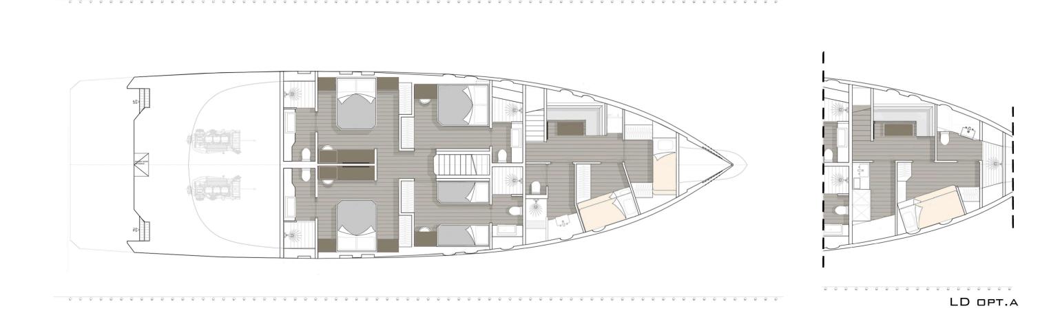 Floor plan of 2027 Custom Tufan and Brothers Mako Shark yacht, showcasing interior layout.