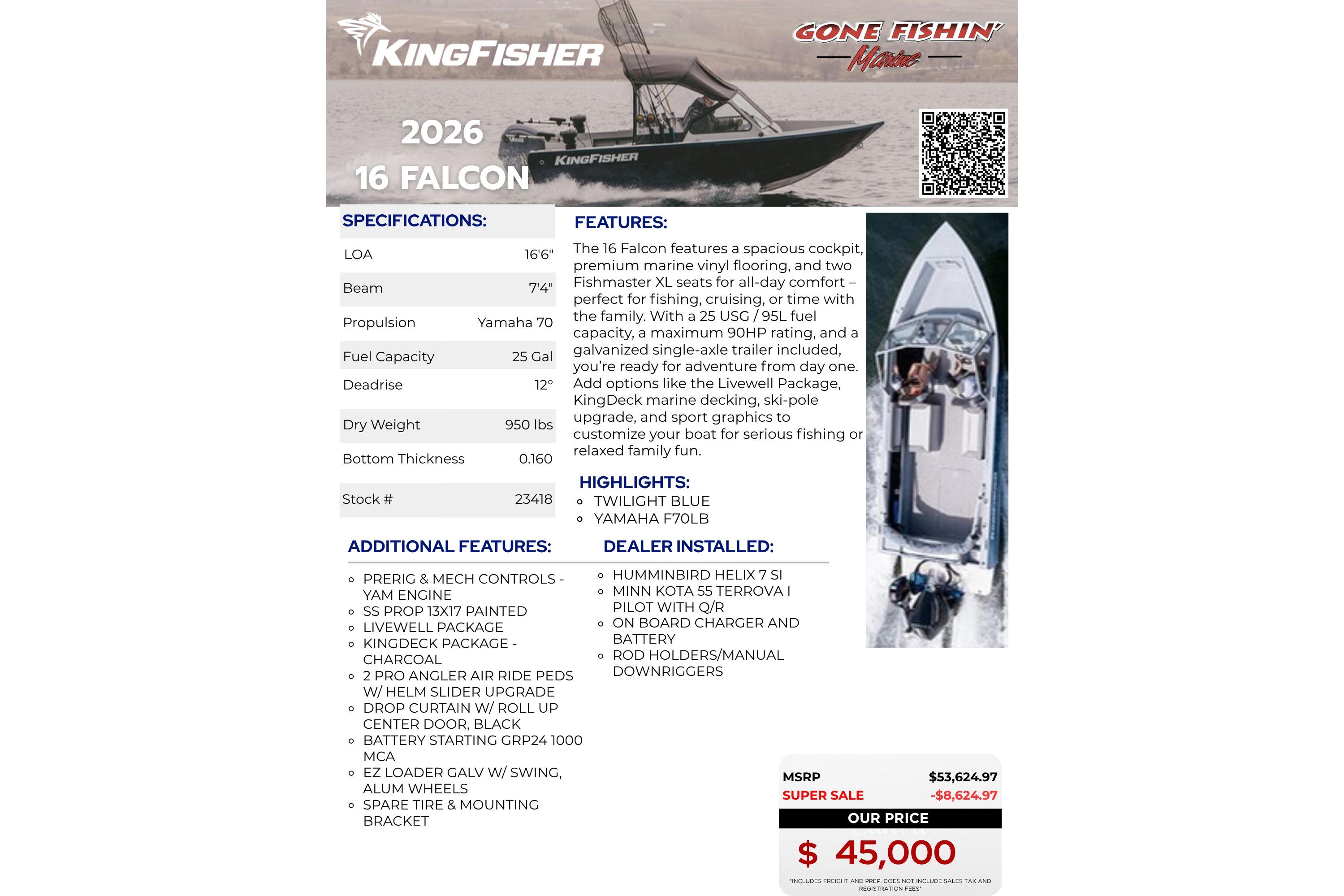KingFisher 2026 16 Falcon boat with Yamaha 70 engine, priced at $45,000.