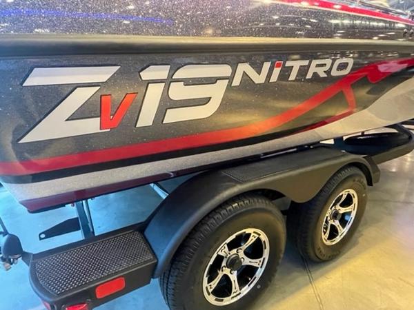2025 Nitro ZV19 boat on trailer with bold graphics.