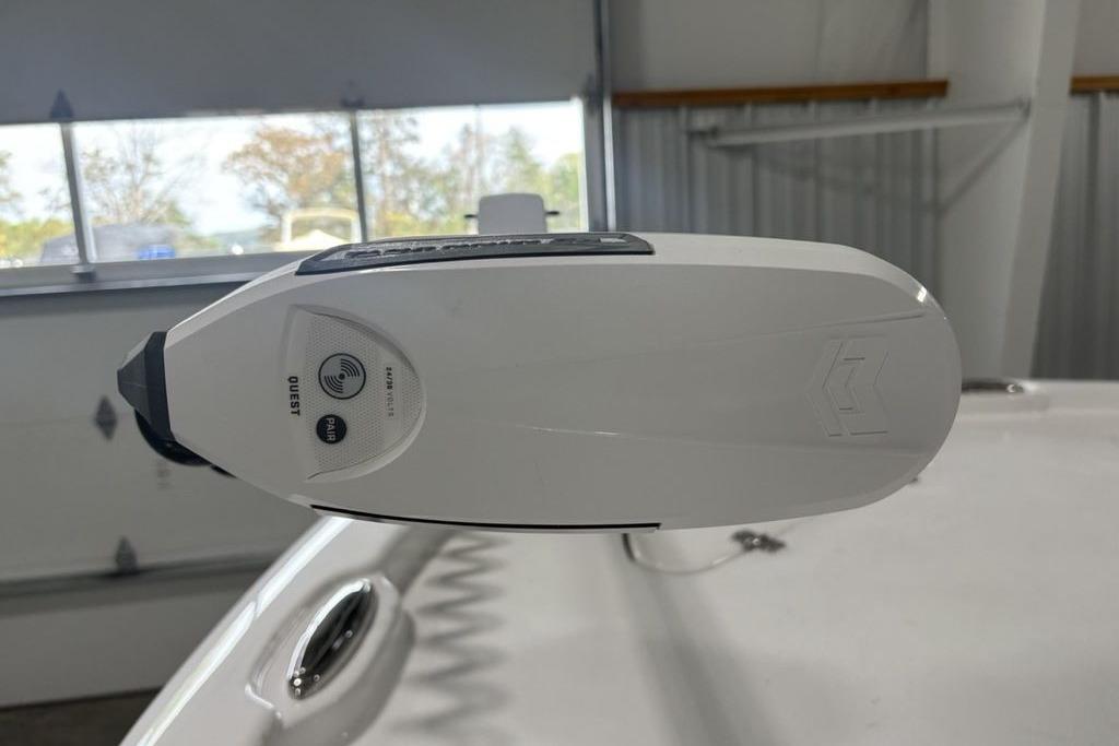 Close-up of a 2026 Tidewater 2210 Carolina Bay boat component in a garage setting.
