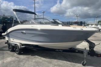 2017 Sea Ray SPX 210 Outboard boat on trailer under cloudy sky.