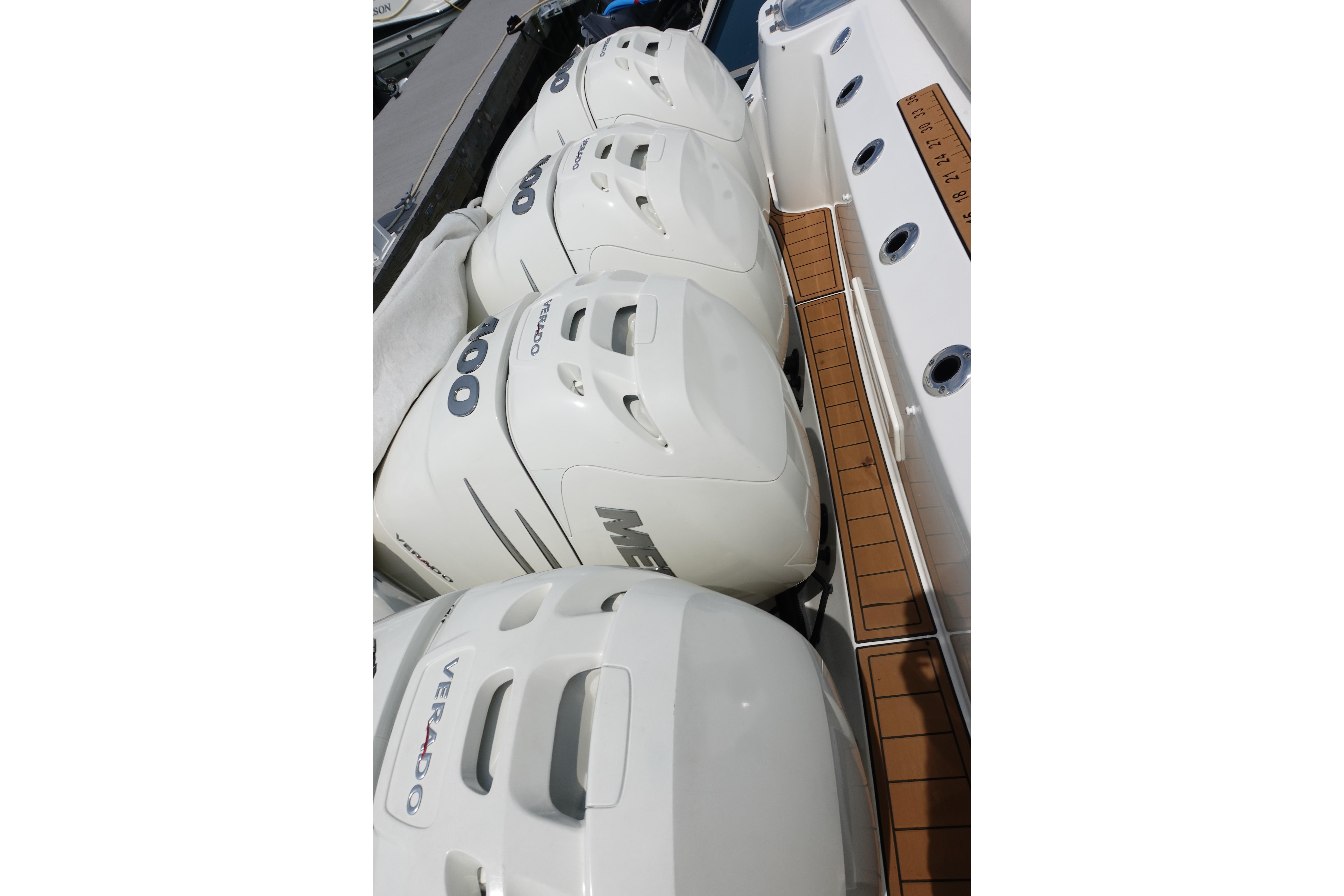 Four Mercury Verado outboard engines on a 2020 Boston Whaler 420 Outrage boat.
