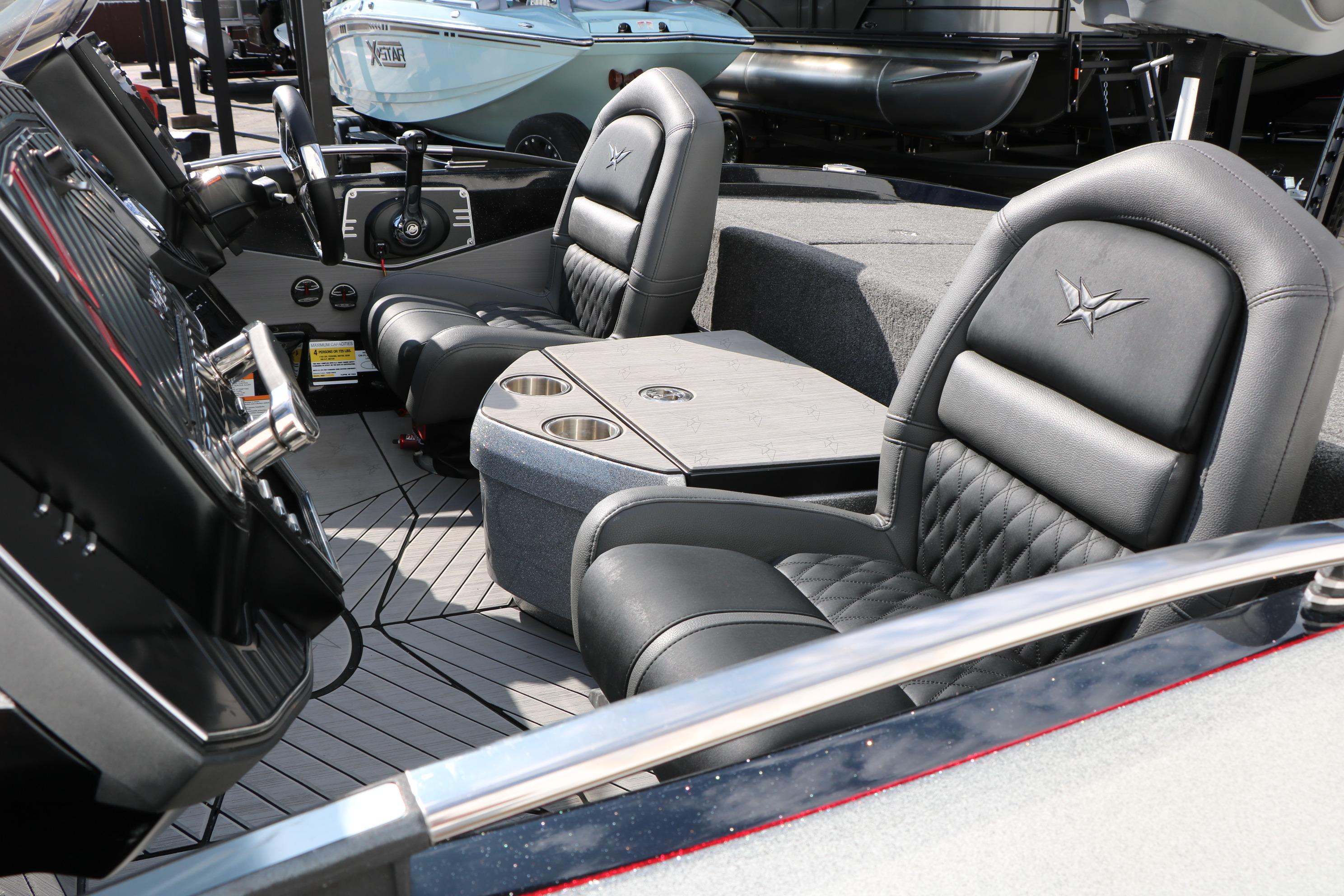 2022 Vexus VX21 boat interior with luxurious seating and modern dashboard design.