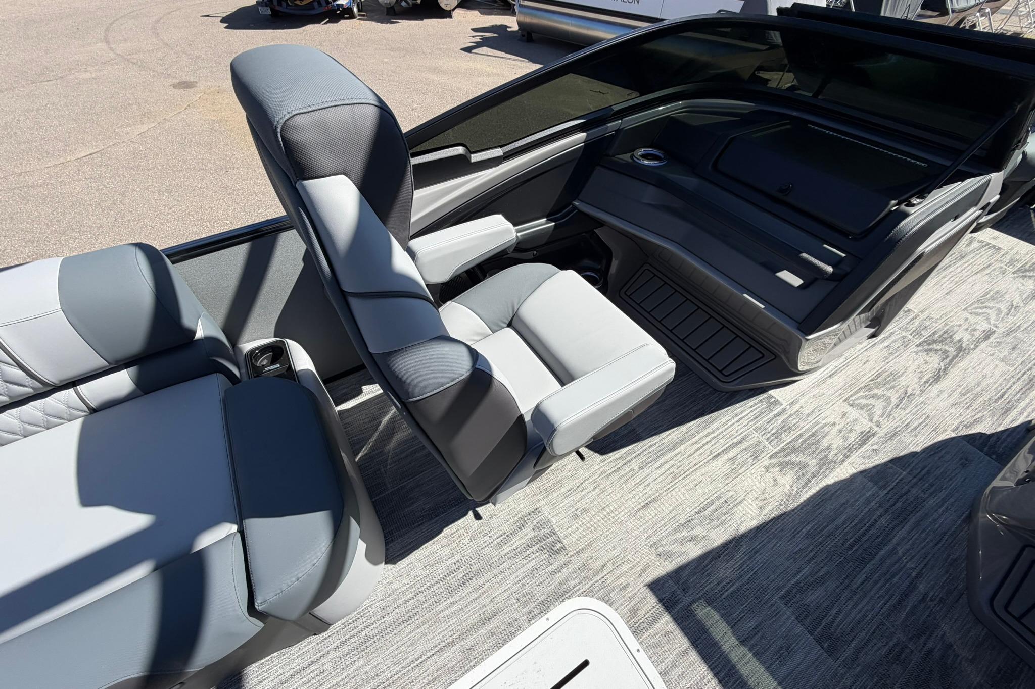 2026 Avalon Excalibur LTD Quad Lounge boat interior with sleek seating and modern design.