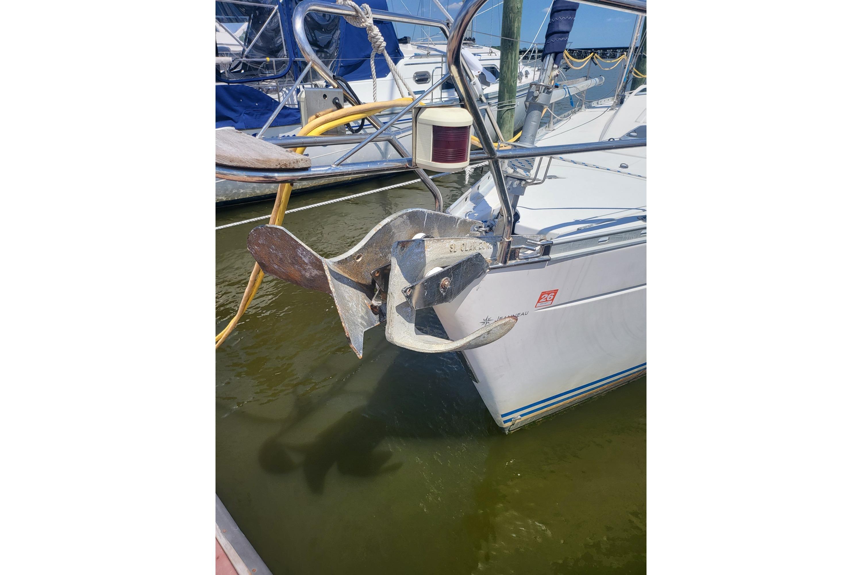 Jeanneau Sun Odyssey 42.1 sailboat anchor detail, docked in marina, 1993 model.