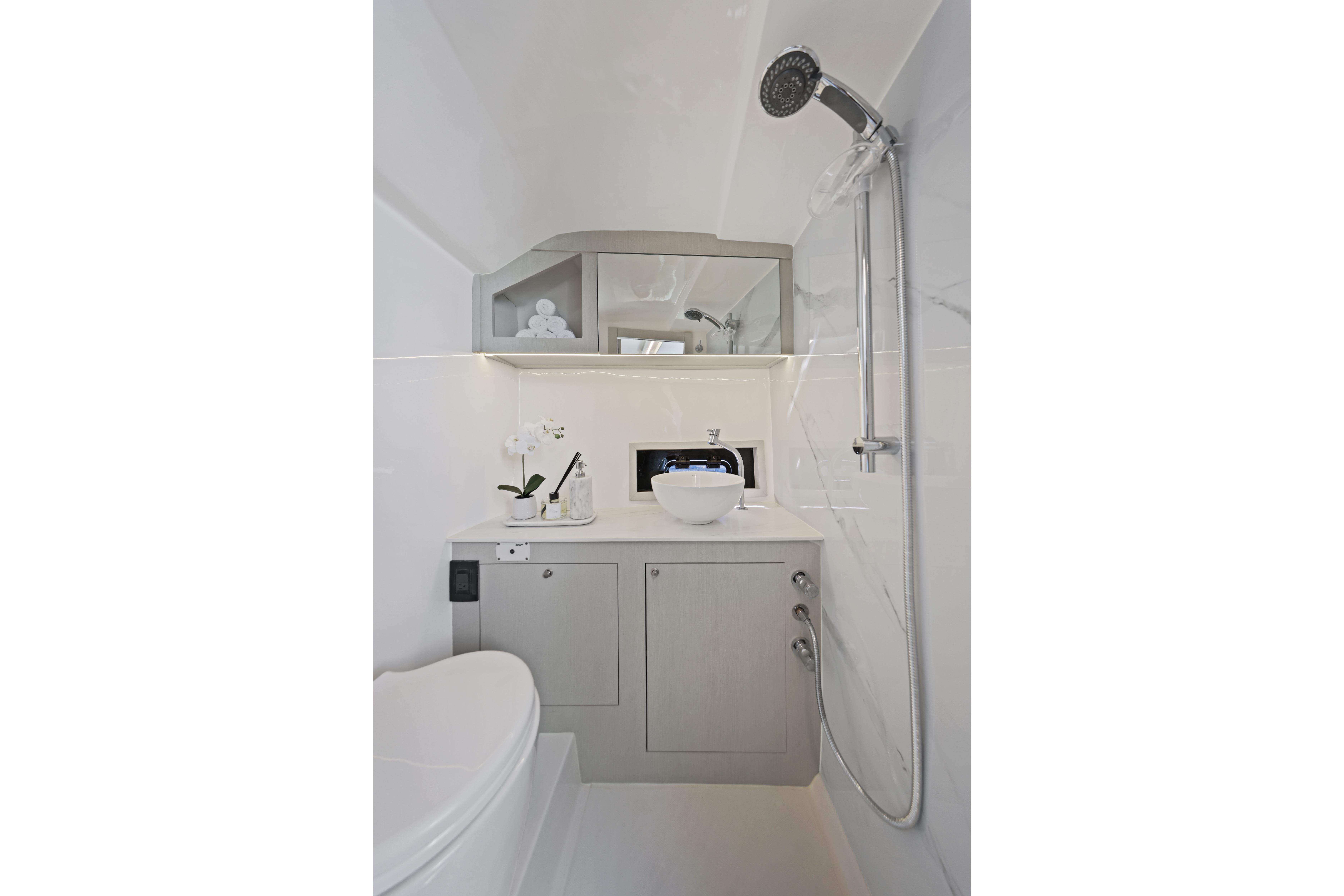 Modern bathroom in 2025 VALIATT YACHTS 380 Bowrider, featuring sleek design and fixtures.