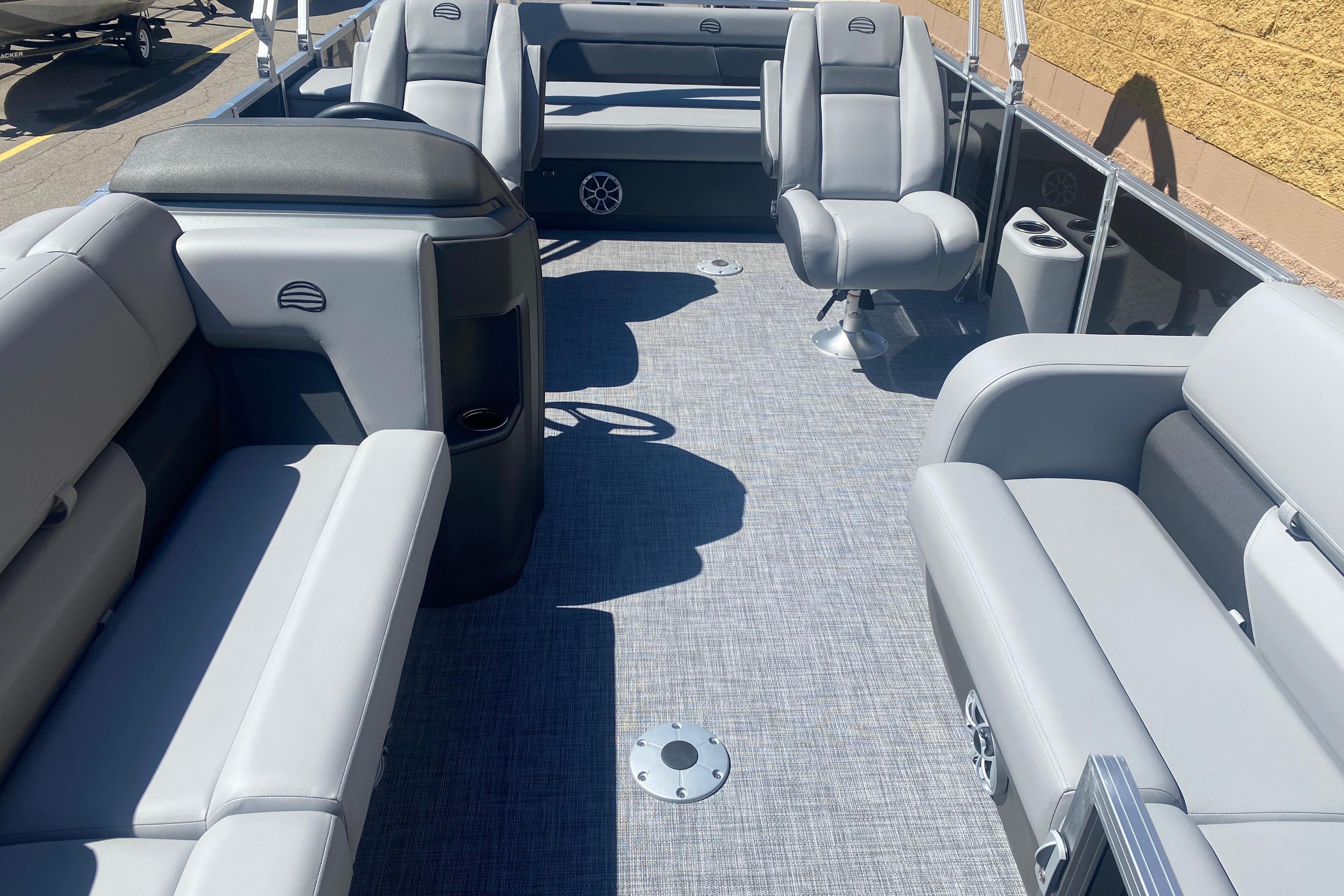 2026 Sun Tracker Party Barge 22 RF DLX interior with spacious seating and modern design.