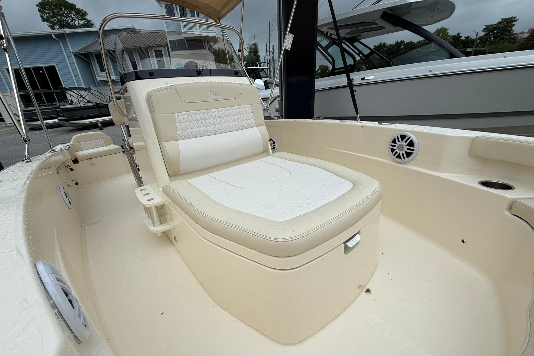 2027 Scout 188 Sportfish boat interior with cushioned seating and modern design.
