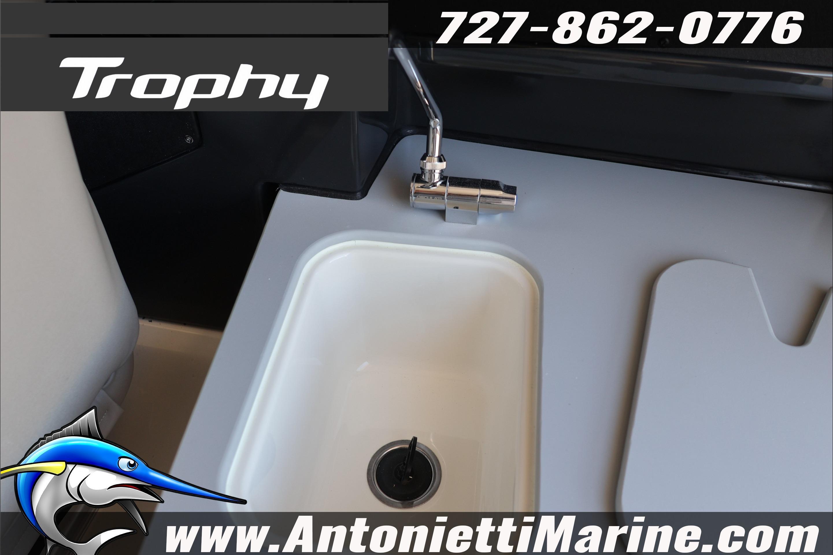 2026 Bayliner Trophy T23 Explorer boat sink and faucet detail, Antonietti Marine branding.