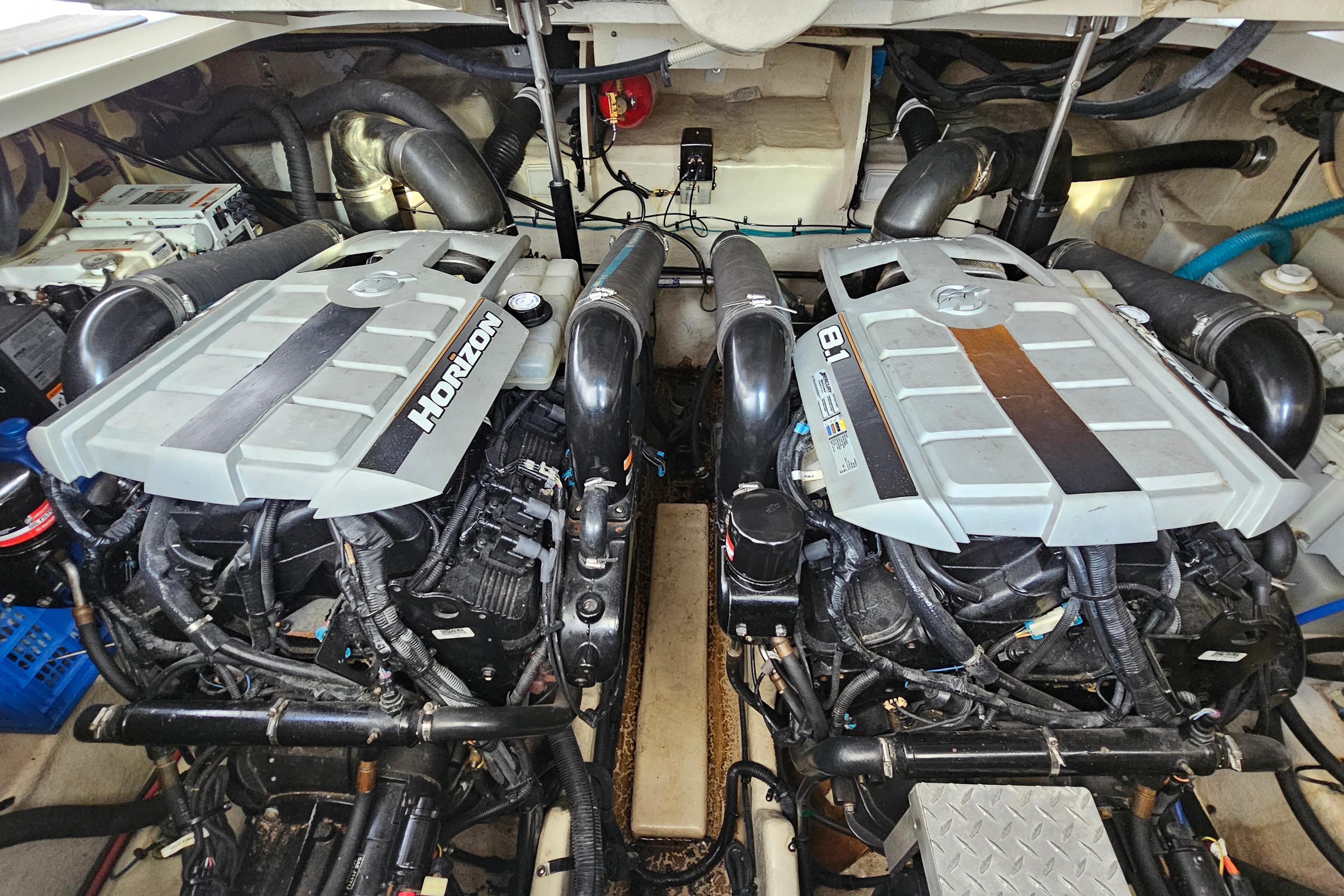 Engine room of a 2008 Sea Ray Sundancer 350 with twin Horizon engines.