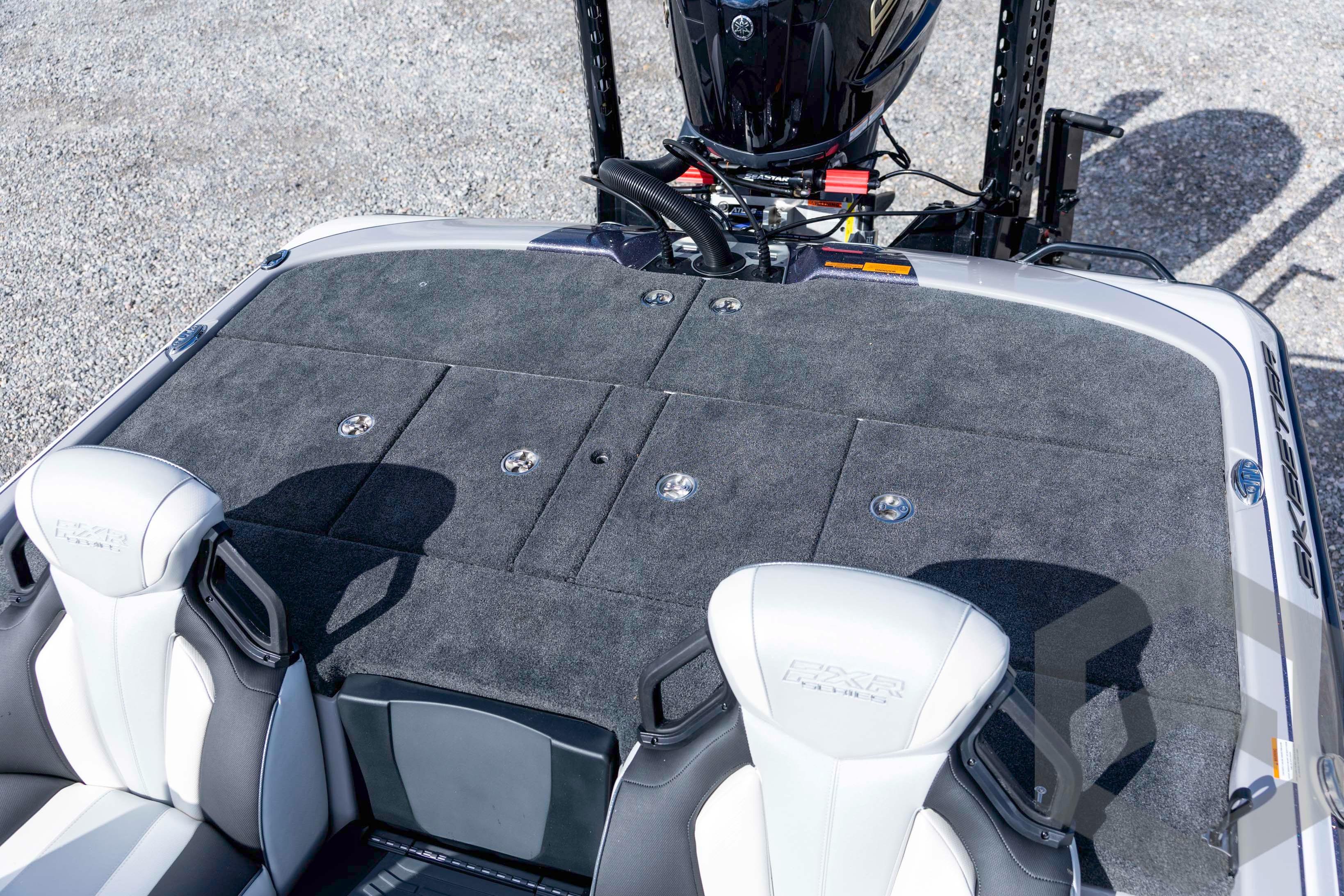 2026 Skeeter FXR20 FLEX boat deck with seating and storage compartments.