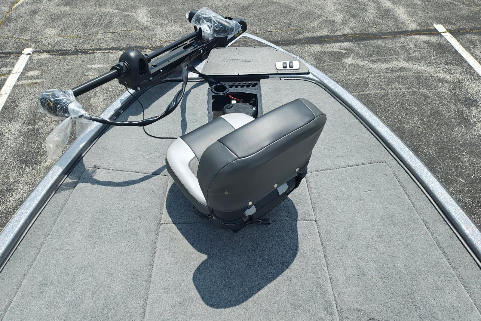2026 Nitro Z19 XL boat deck with seat and trolling motor.