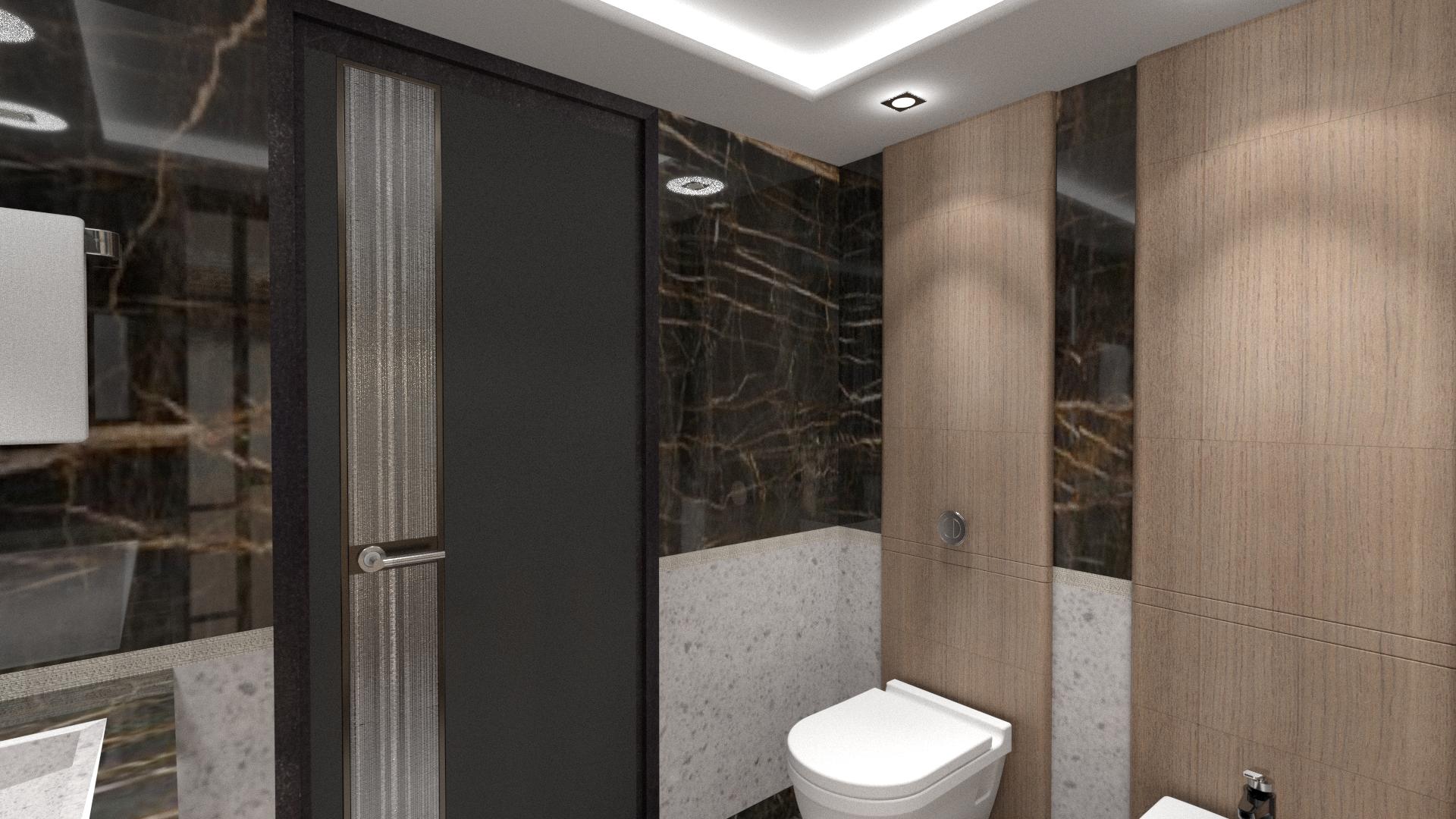 Modern bathroom with sleek design, featuring marble walls and a contemporary toilet.