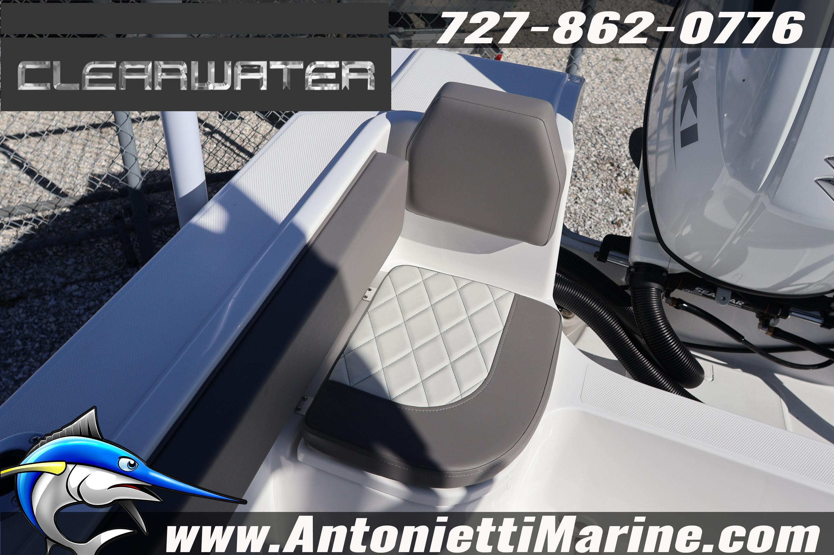 2026 Clearwater 2300 boat seat detail with logo and contact information.