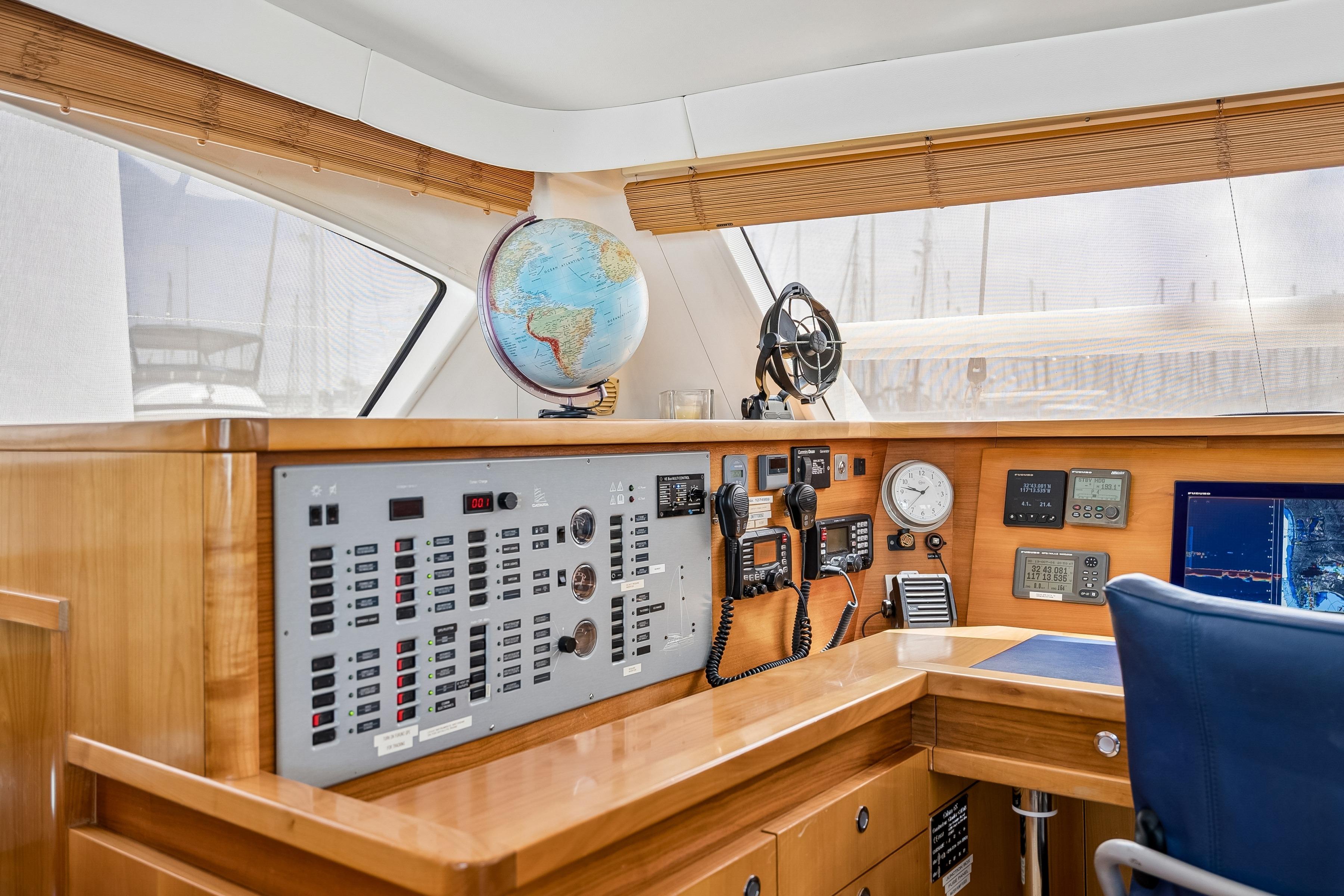 Navigation station of a 2009 Catana 65 yacht with control panels and a globe.