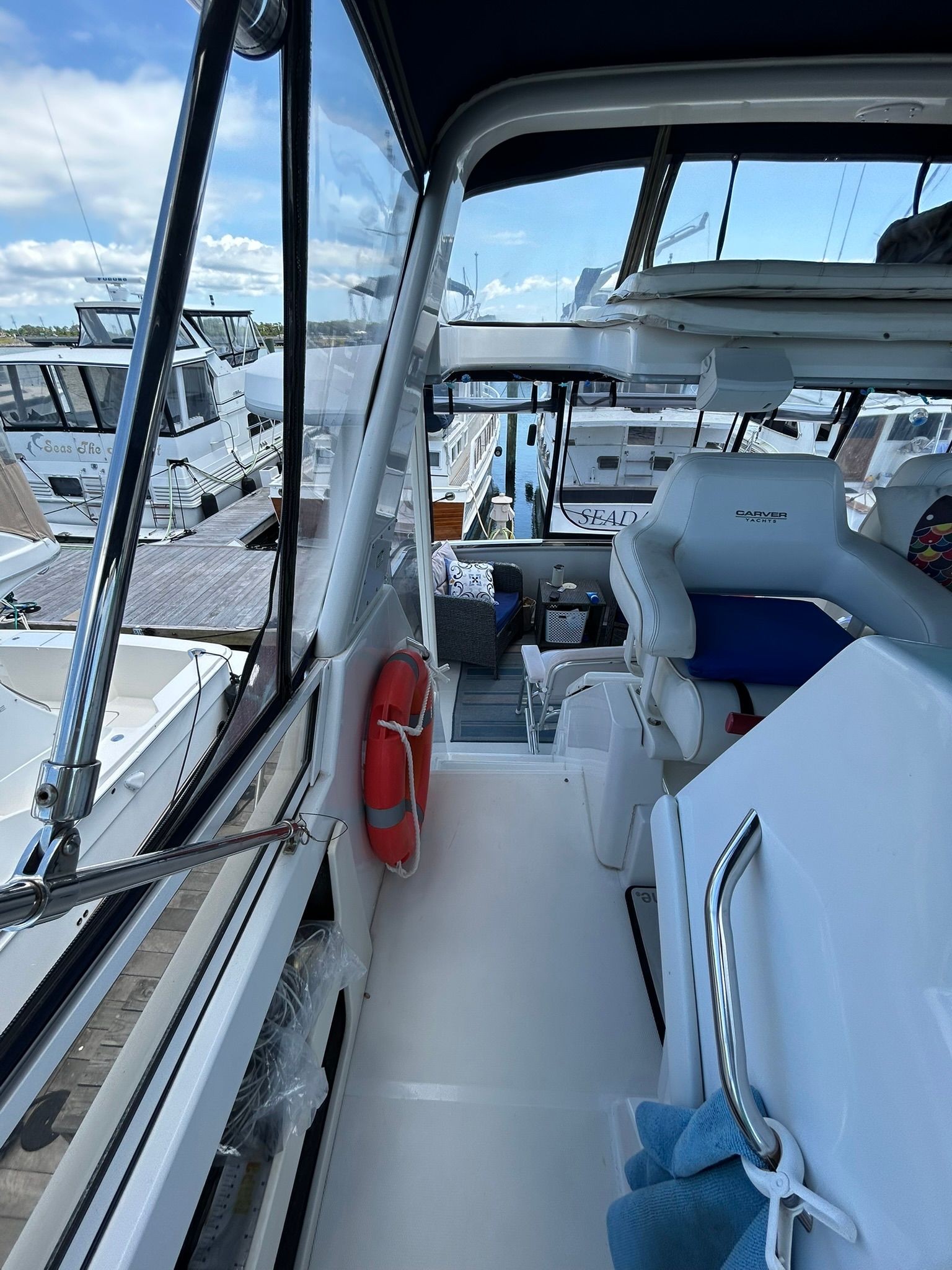 Interior of a Carver 356 Aft Cabin Yacht at the dock.