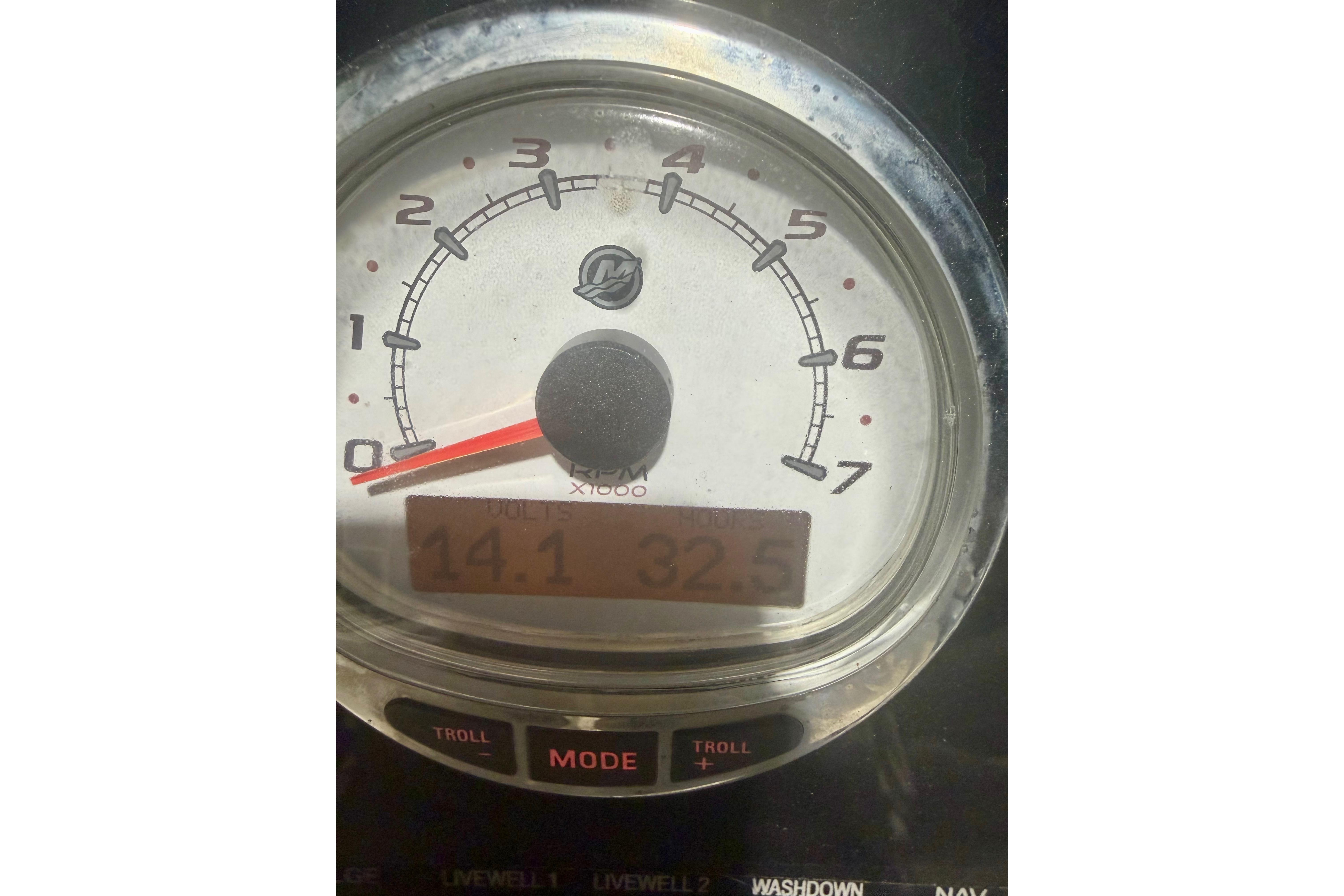 Close-up of a 2018 Sea Pro 208 Bay boat tachometer displaying RPM and digital readings.