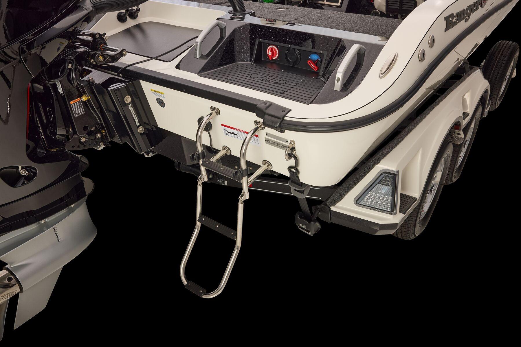 Manufacturer Provided Image: 2026 Ranger 620xFS Pro boat with motor and ladder, rear view.