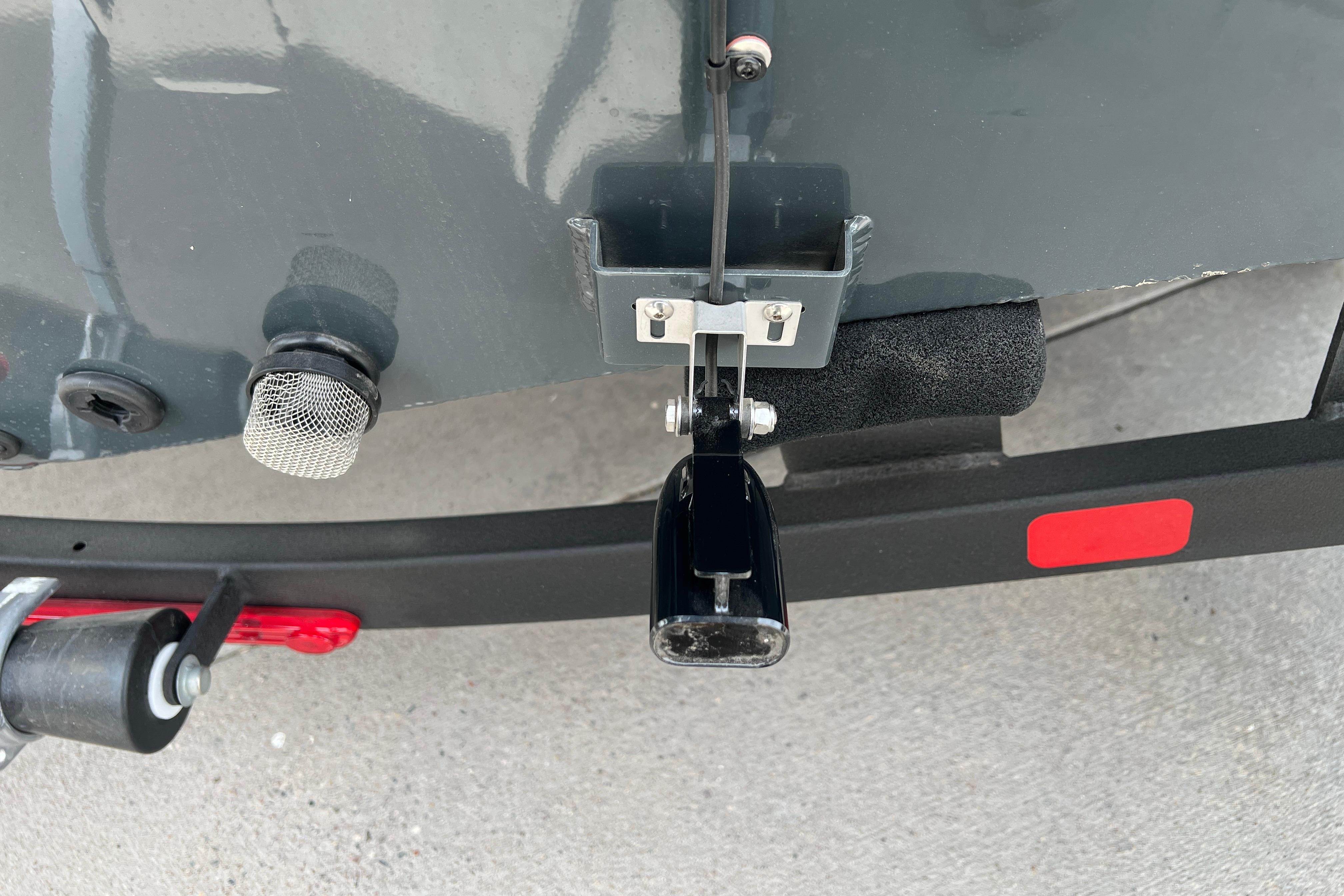 Close-up of 2026 Ranger VS1682SC Angler boat's transom with mounted hardware.