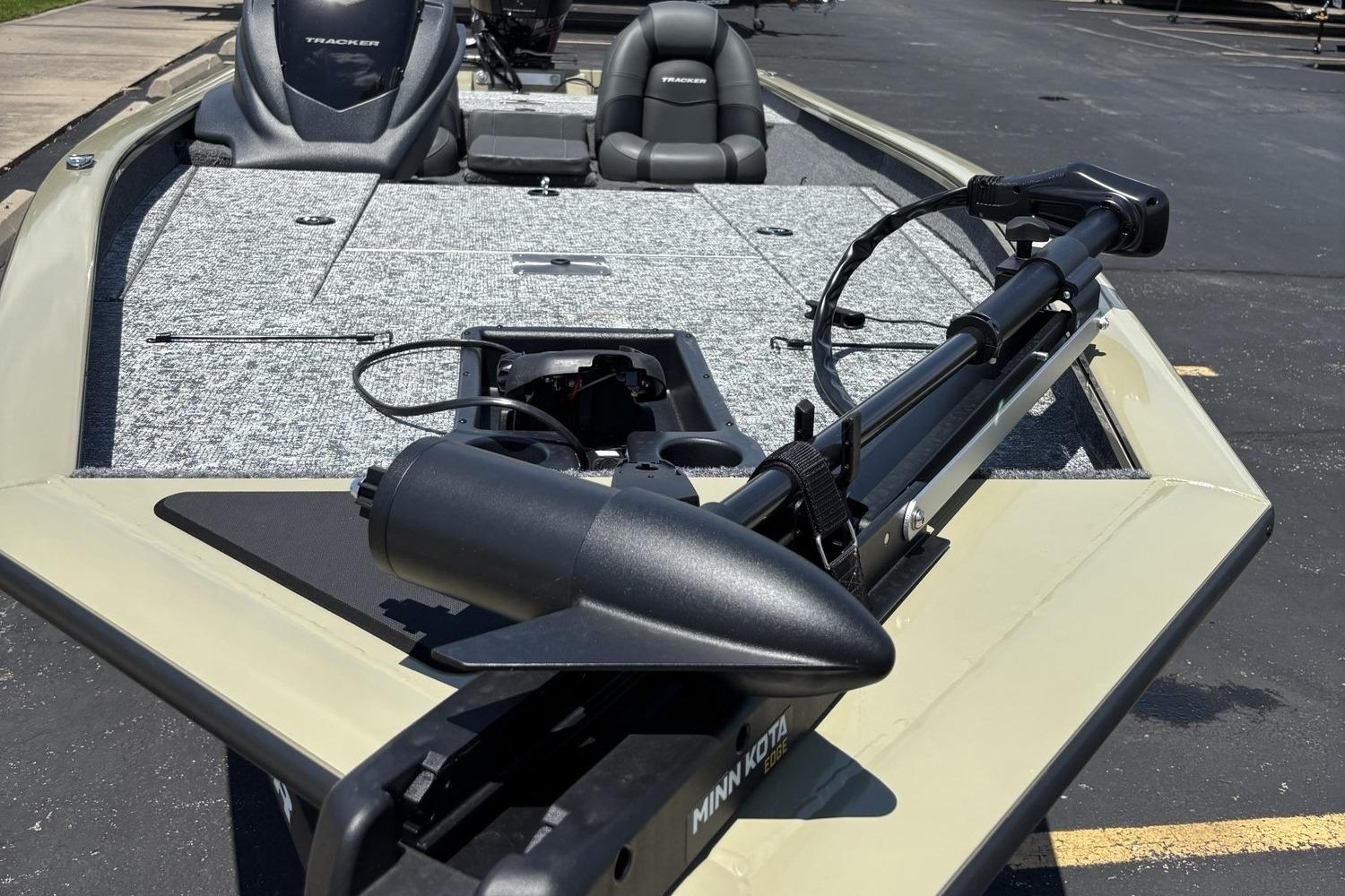 2026 Tracker Pro Team 190 boat with Minn Kota trolling motor on deck.