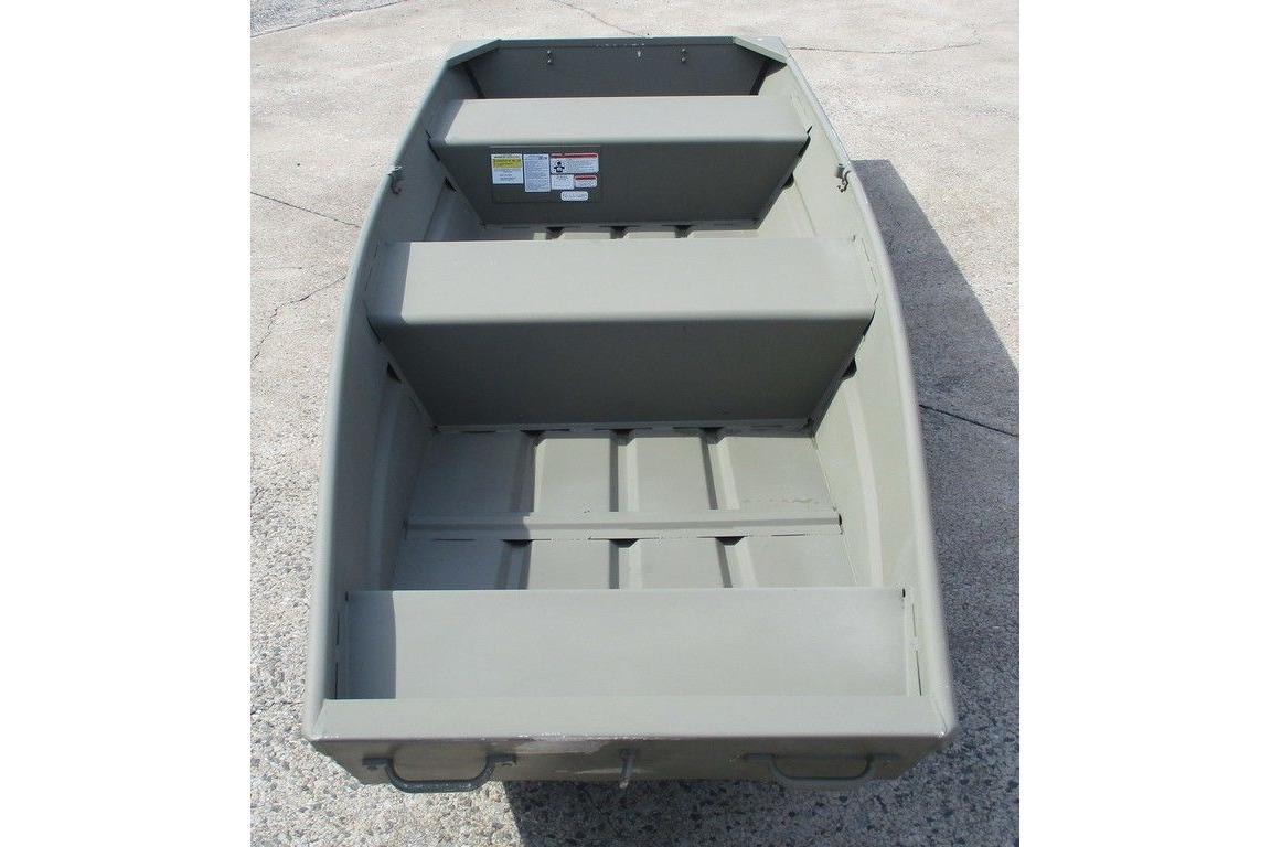 2023 Tracker Grizzly 1236 Jon boat, interior view, showcasing seating and storage.