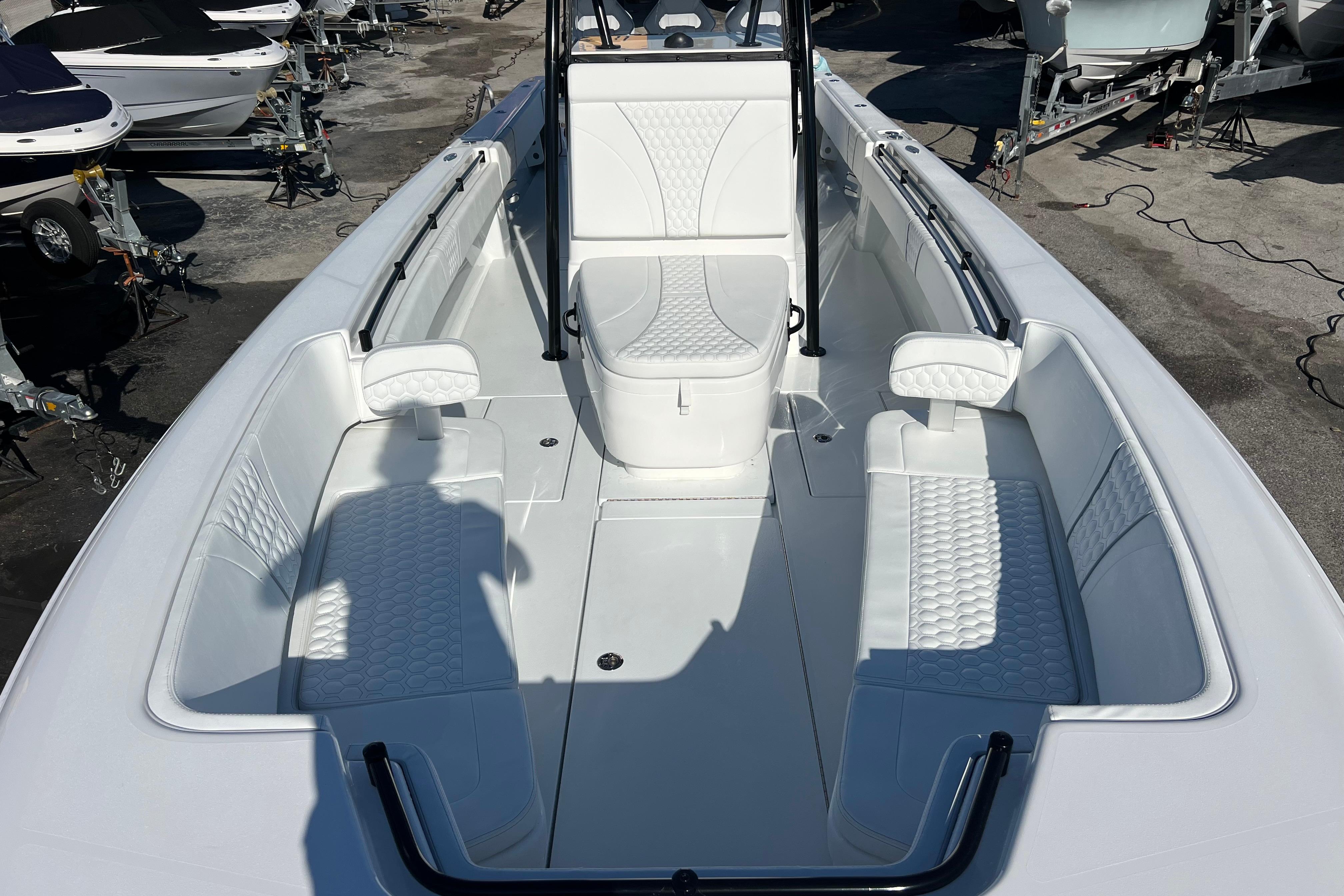 2026 Contender 35 ST boat interior with white seating and modern design.