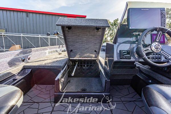 2024 Recon 985 SC boat interior with open storage compartment at Lakeside Marina.