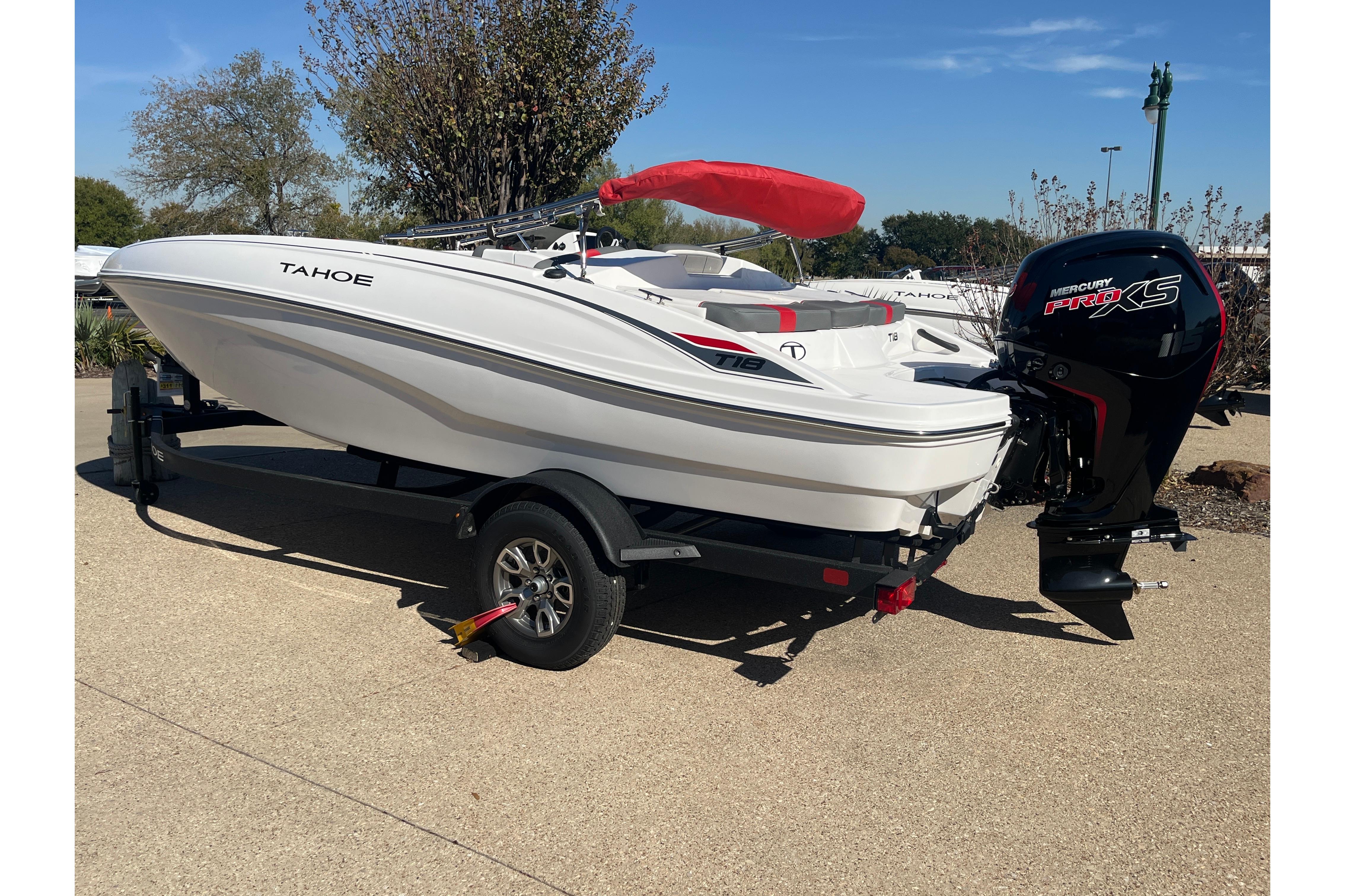 2026 Tahoe T18 boat with Mercury Pro XS engine on a trailer.