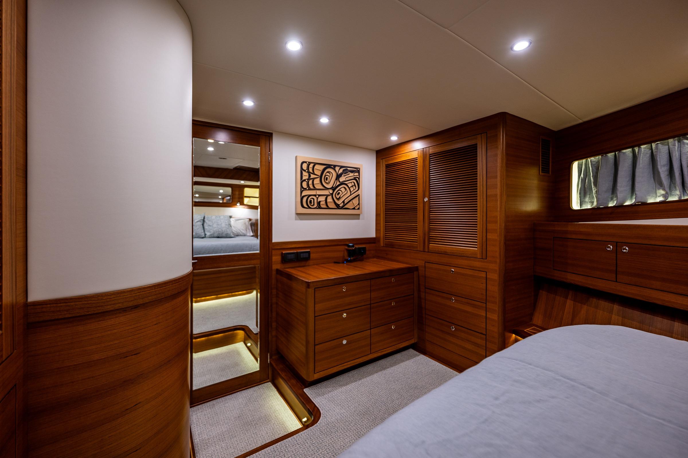 Luxurious interior of Fleming 55 Pilothouse yacht, year 2027.