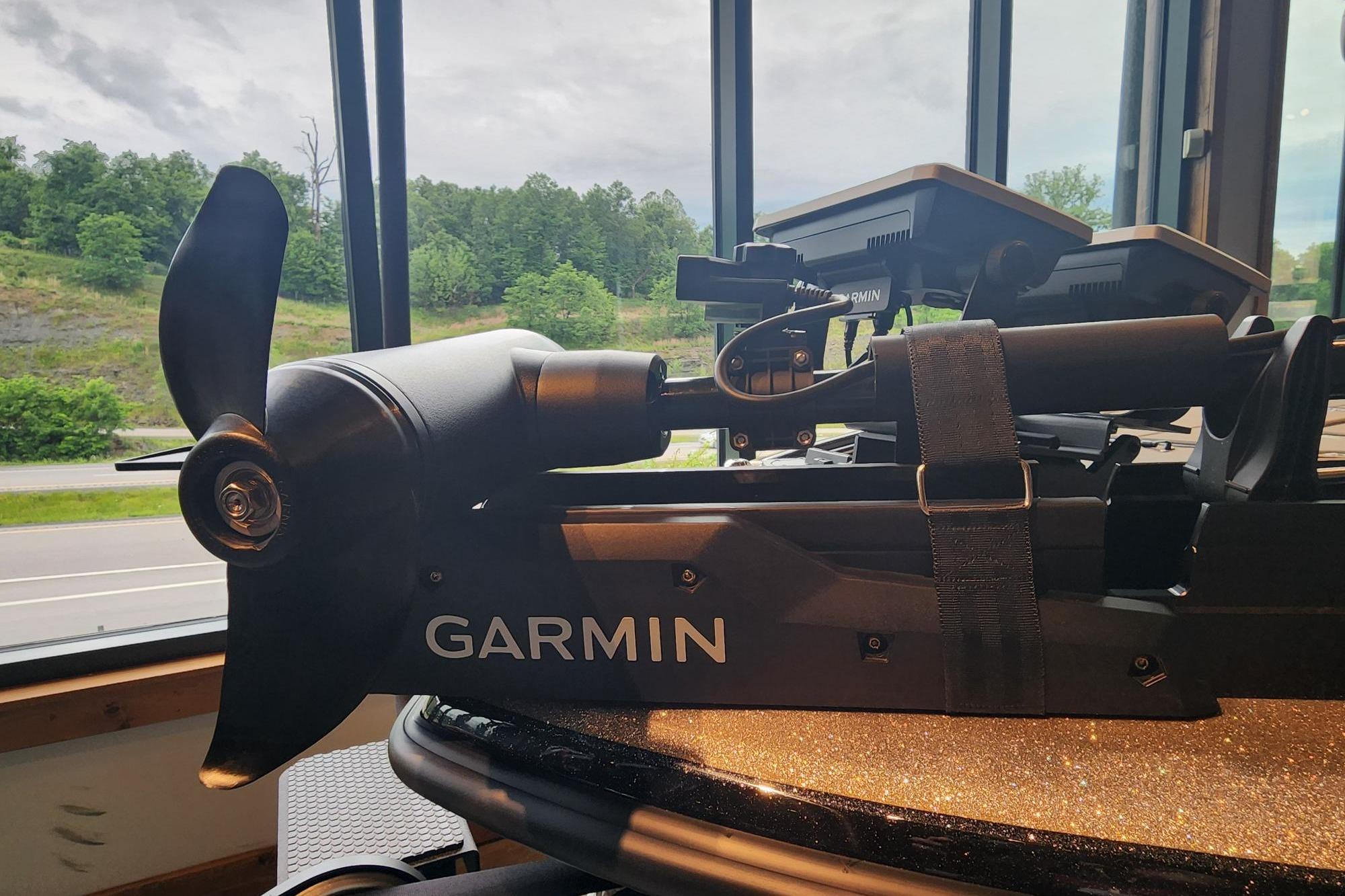 Garmin trolling motor on Nitro Z20 XL 2026 boat, indoors with scenic window view.