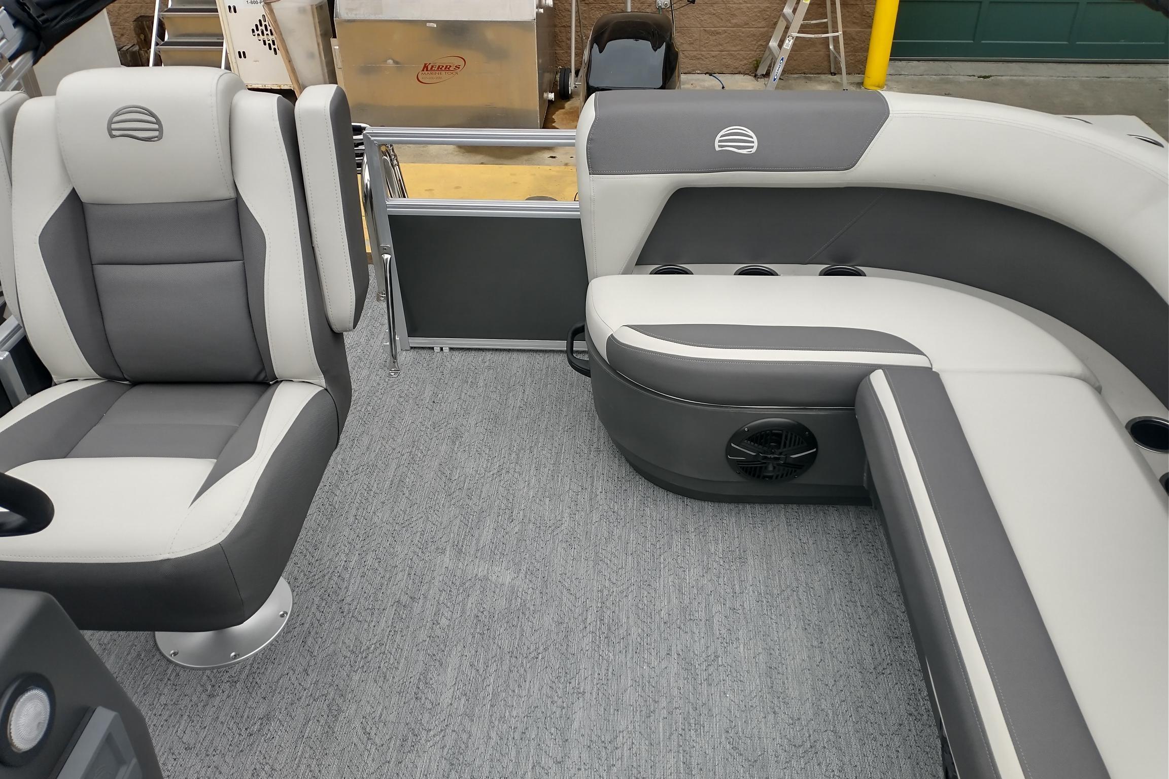2026 Sun Tracker Bass Buggy 16 XL Select interior with gray and white seating.