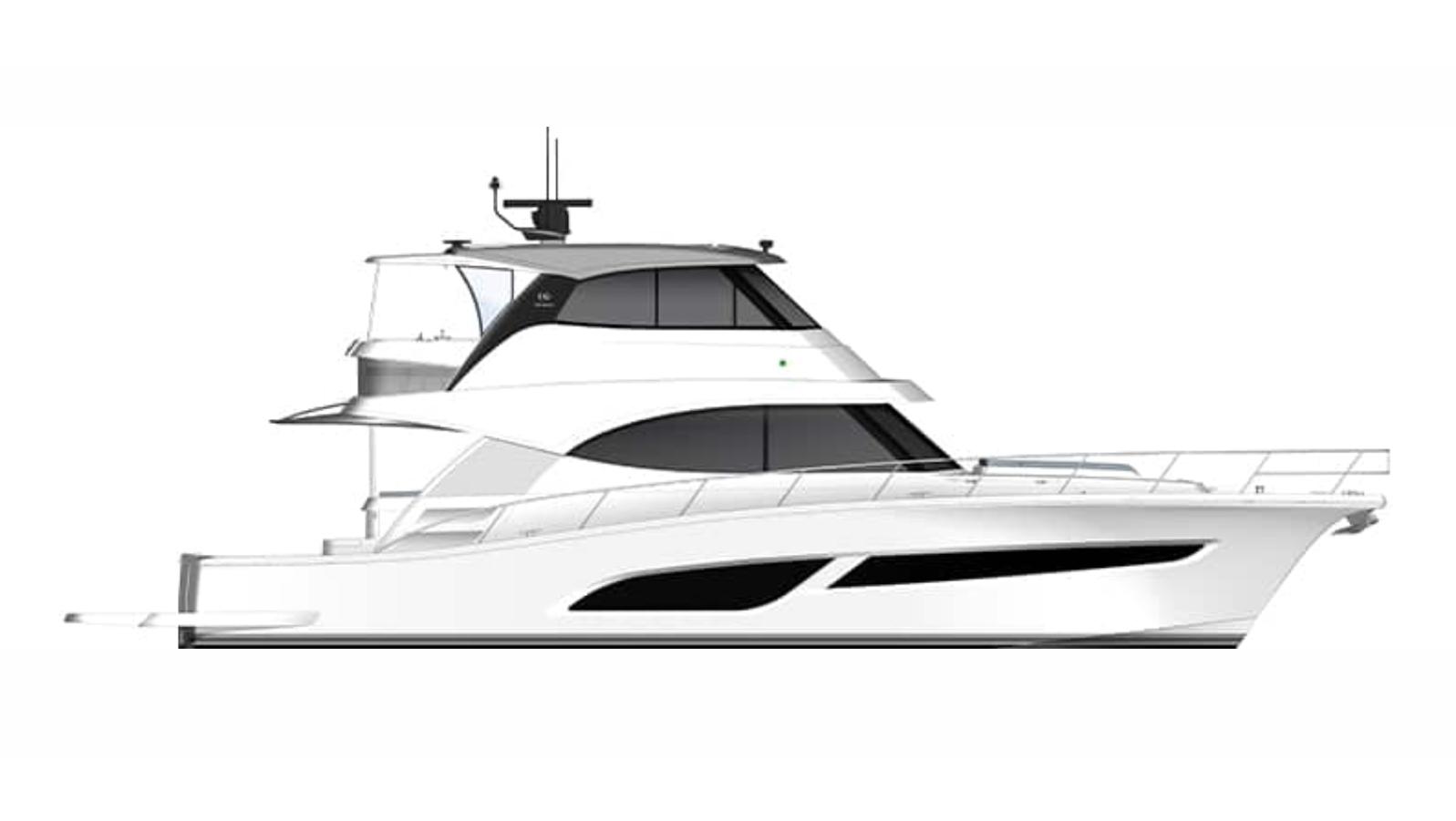 2025 Riviera 58 Sports Motor Yacht, sleek design, side profile, luxury marine vessel.