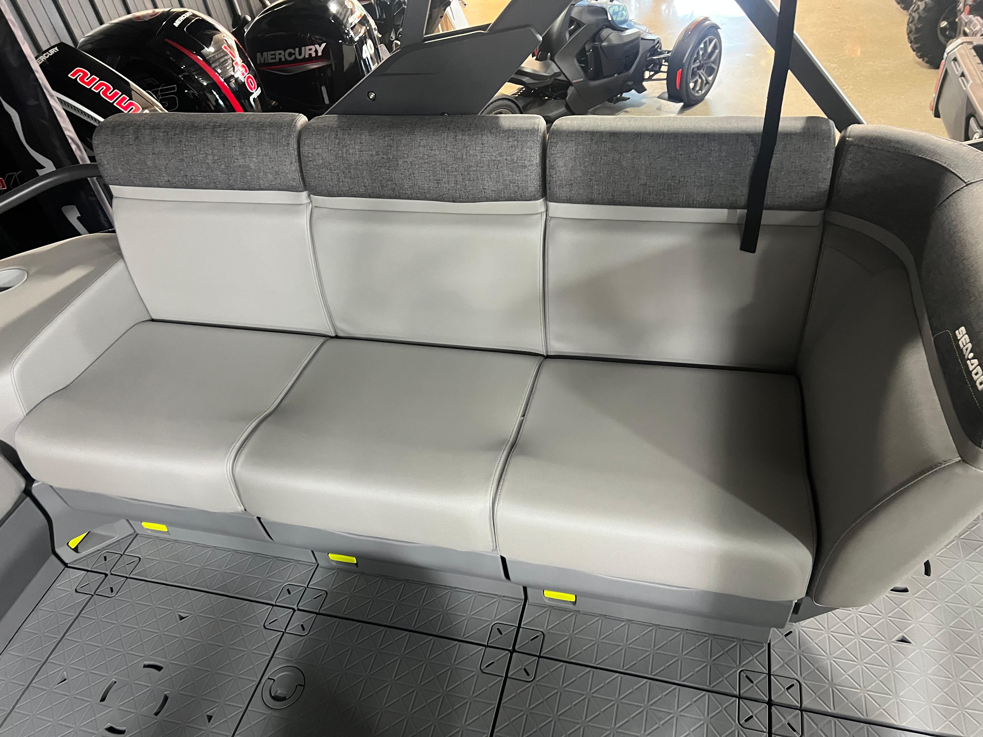 2025 Sea-Doo Switch Cruise 21 interior seating with gray upholstery and modern design.