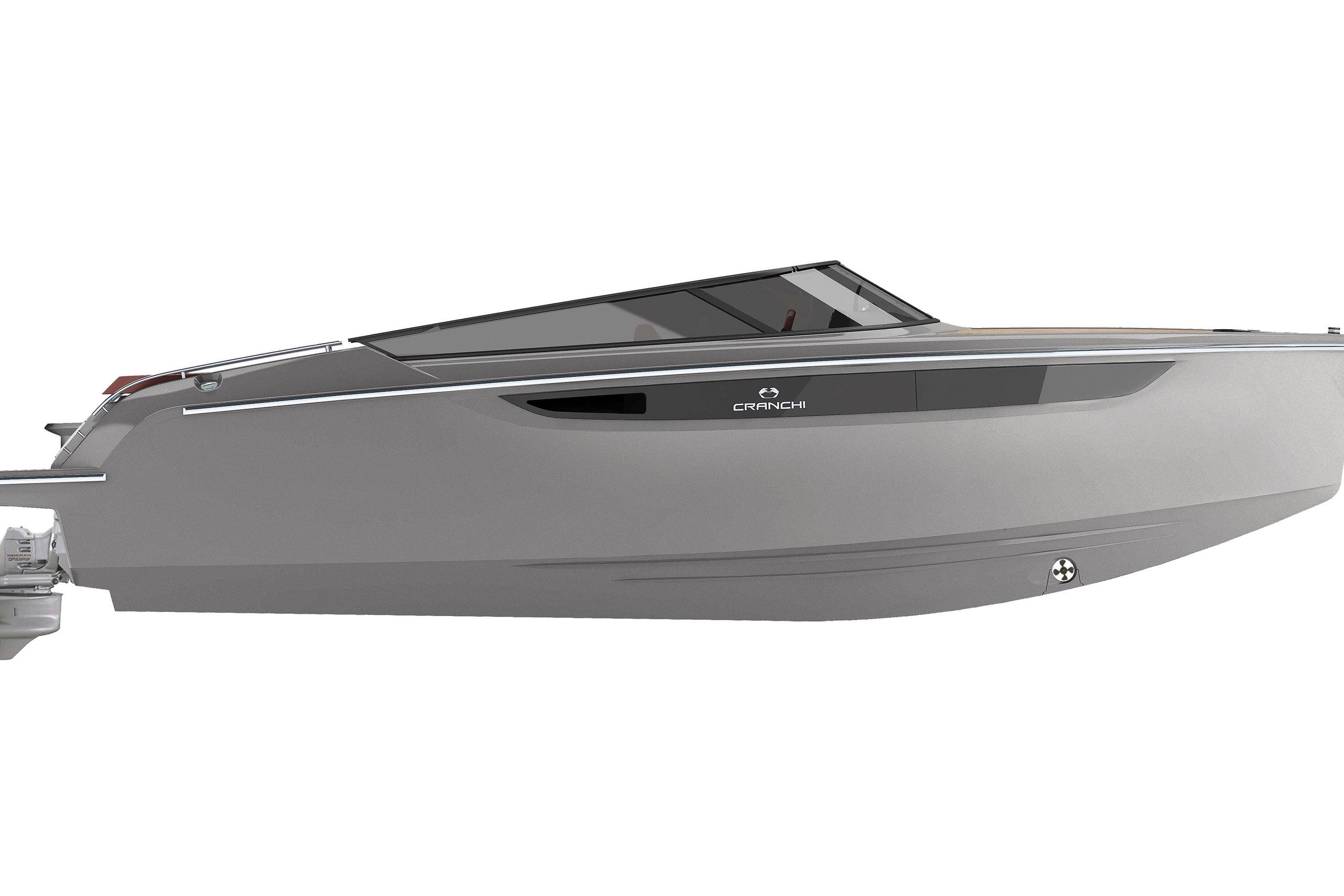 2026 Cranchi E26 Classic boat, sleek gray design, side view.