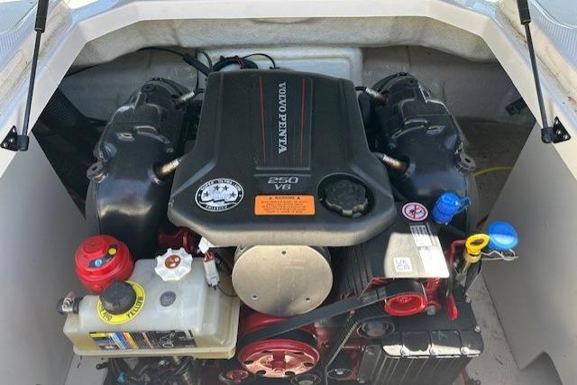 Engine compartment of 2023 Chaparral 23 SSi with Volvo Penta 250 V6 engine.