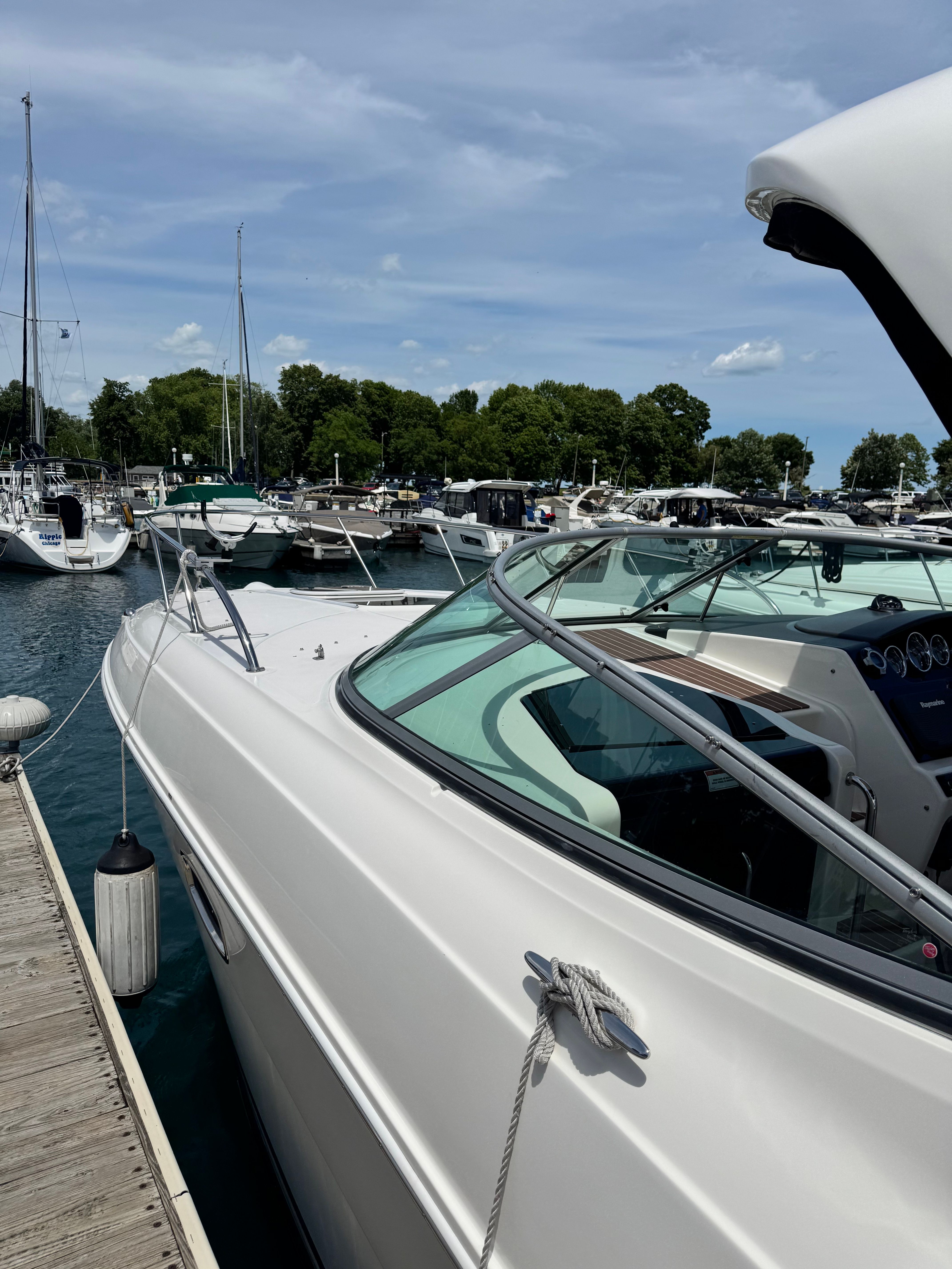A 2010 Sea Ray Sundancer 310 docked. Other boats are visible in the background.
