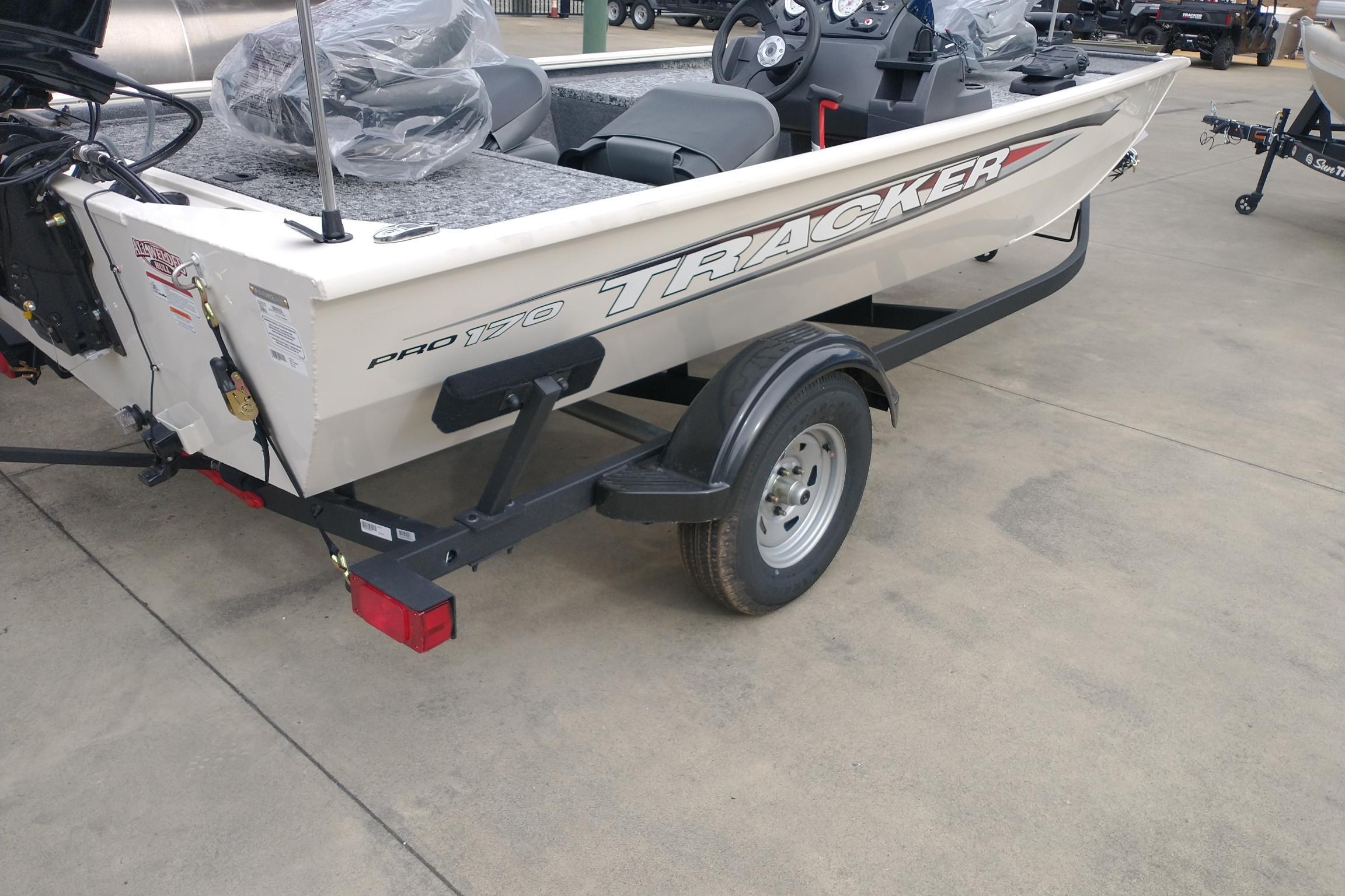 2026 Tracker Pro 170 boat on trailer, displayed outdoors.